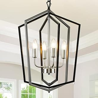 WJShome 18.1" Farmhouse Chandeliers for Dining Room, 4-Light Modern Foyer Lighting Fixture,Black and Silver Hanging Lantern Pendant Light, for Kitchen Island,Hallway,Entryway