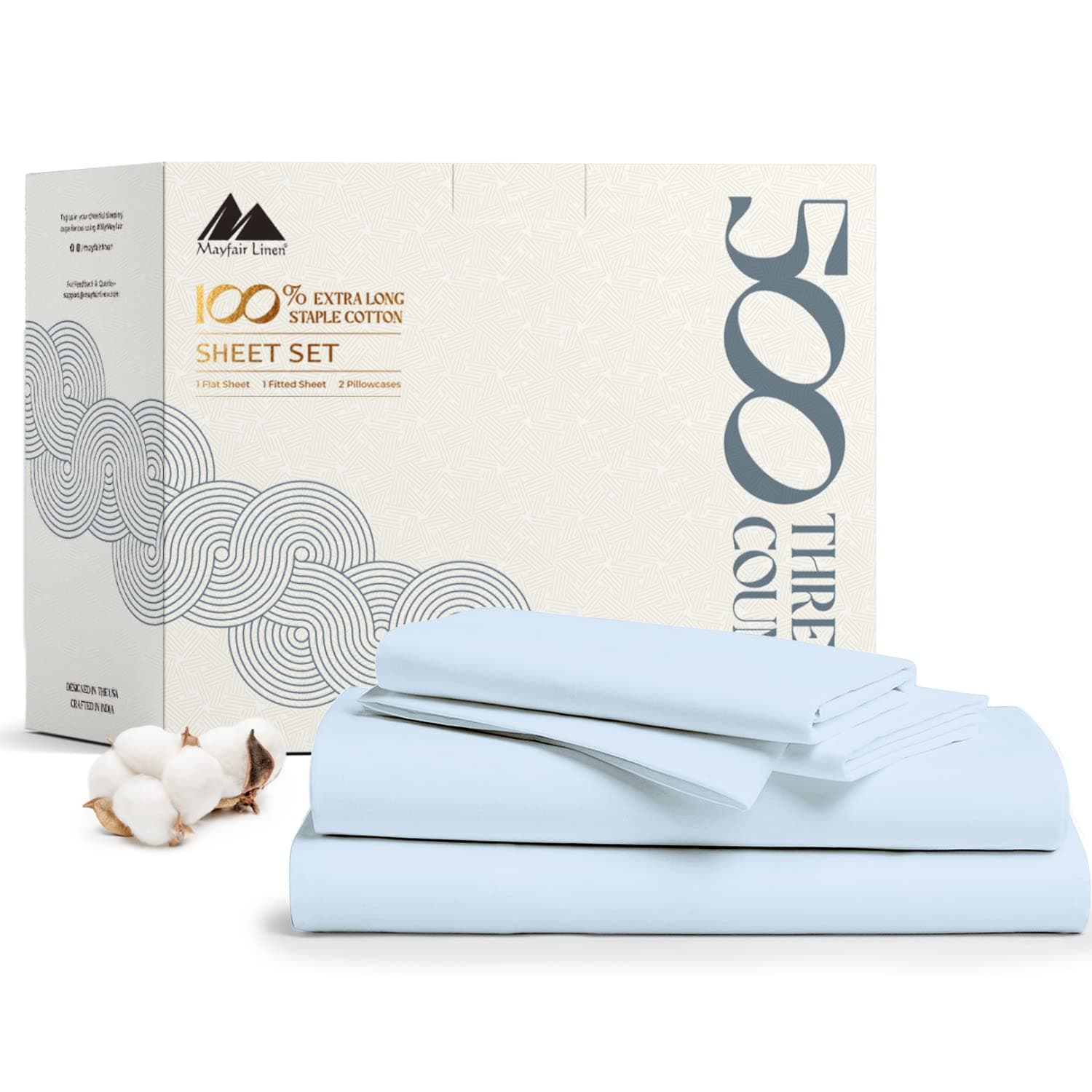 Mayfair Linen 100% Cotton Bed Sheets King Sheet Set - 500 Thread Count Sheets King Size 4 PC Set (Light Blue), Soft, Cooling, Hotel-Quality 16" Deep Pocket Sateen Cotton Bedsheet for Hot Sleepers