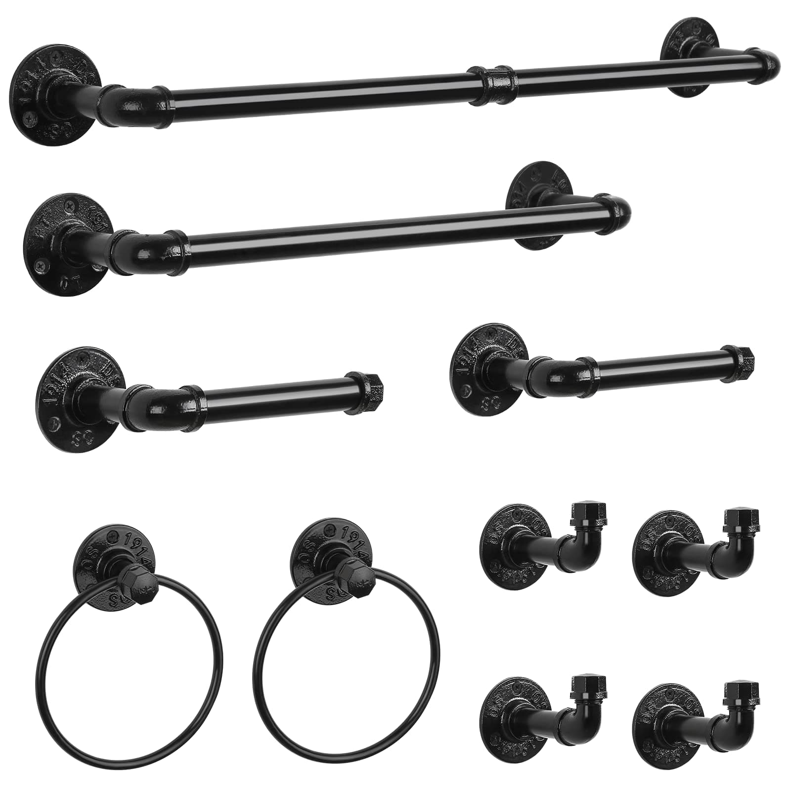 Bath Towel Bar Set Industrial Bathroom Hardware Set Includes Round Towel Ring Hand Toilet Roll Holders for Wall 18 and 25 inch Towel Rack Robe Towel Hooks Black Bathroom Accessory Towel Kit 10 Pieces