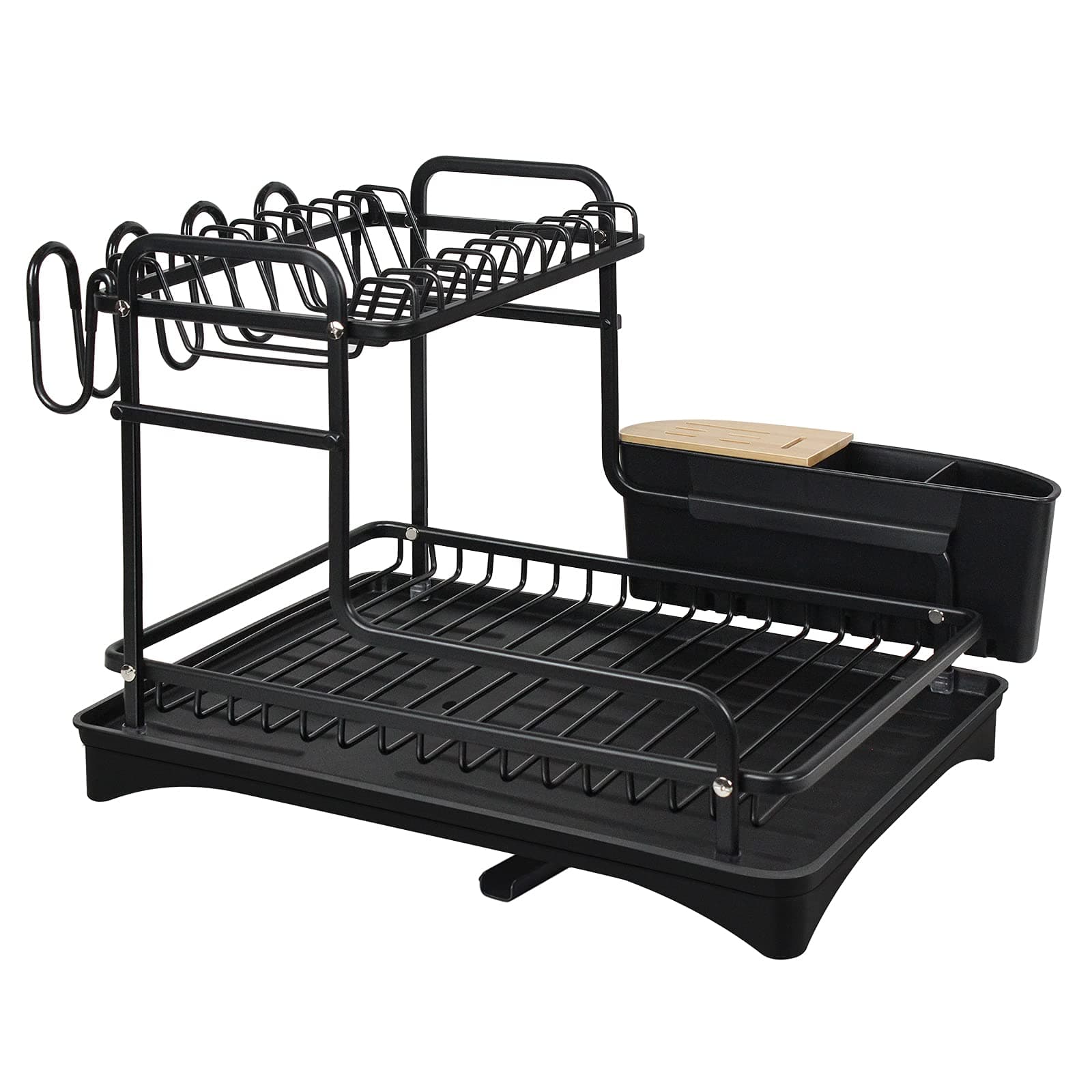 BRIAN & DANY2 Tier Dish Drying Rack, Aluminium Dish Drainer with Cup Holder and Cutlery Holder Basket, Black