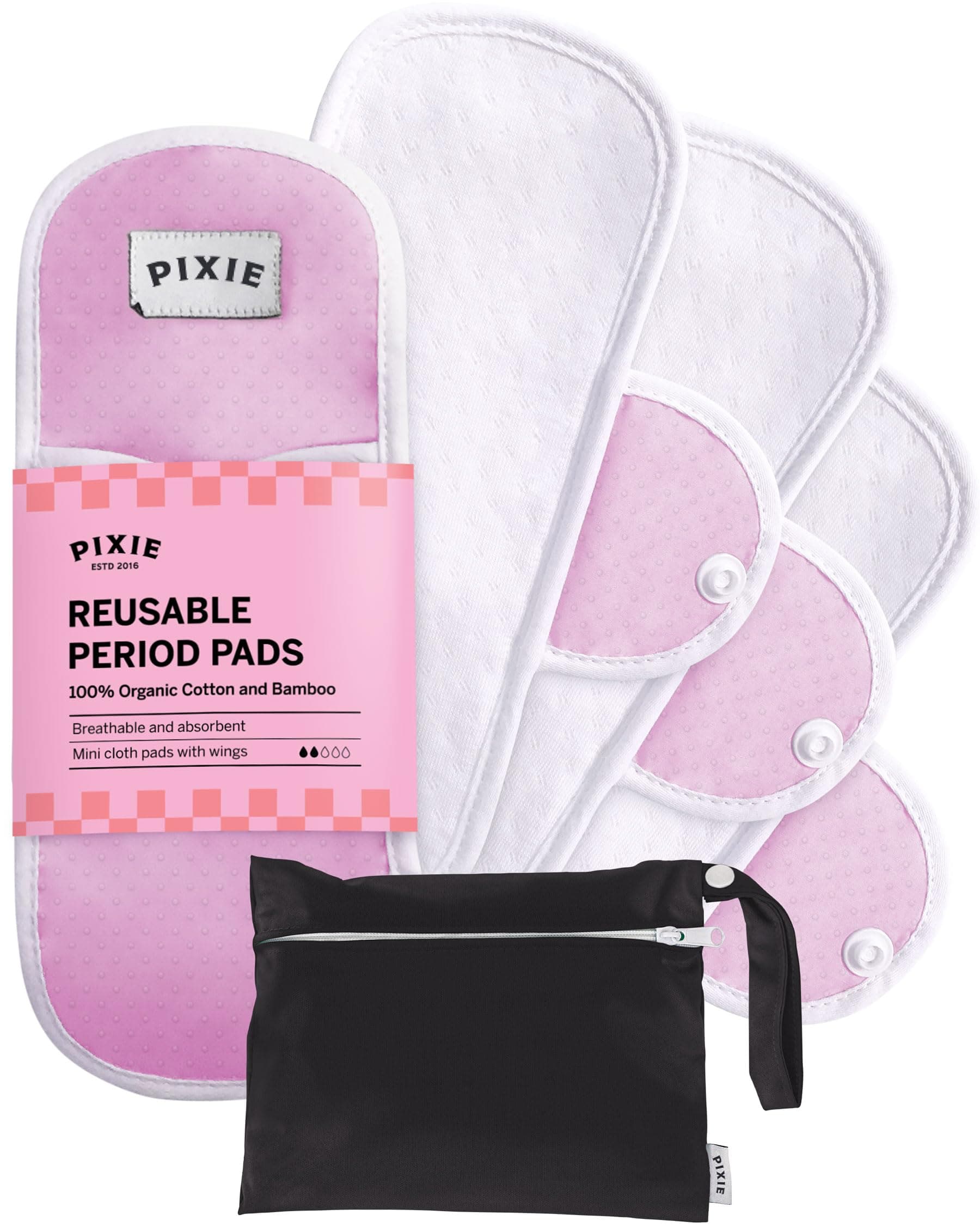Pixie Organic Cotton Cloth Menstrual Pads - Reusable Mini Size 5 Pack - Certified Organic Cotton Top Layer - Snap Wings for Secure Fit - Machine Washable - Wet Bag Included