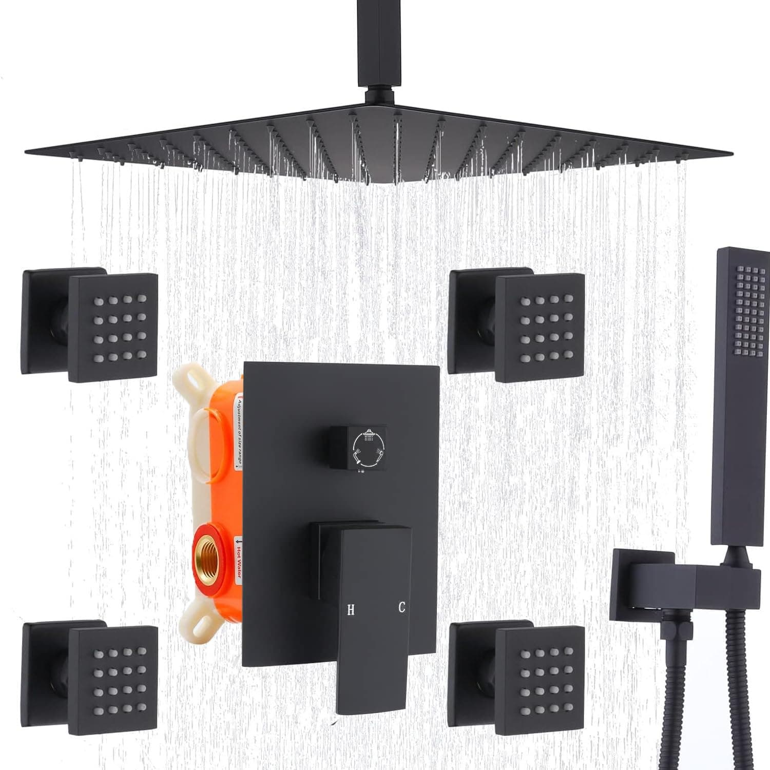 12 Inch Ceiling Mount Matte Black Shower System with Body Jets Bathroom Luxury Rain Mixer Shower Combo Set Ceiling Rainfall Shower Jets System Faucet Rough-in Valve and Trim Included