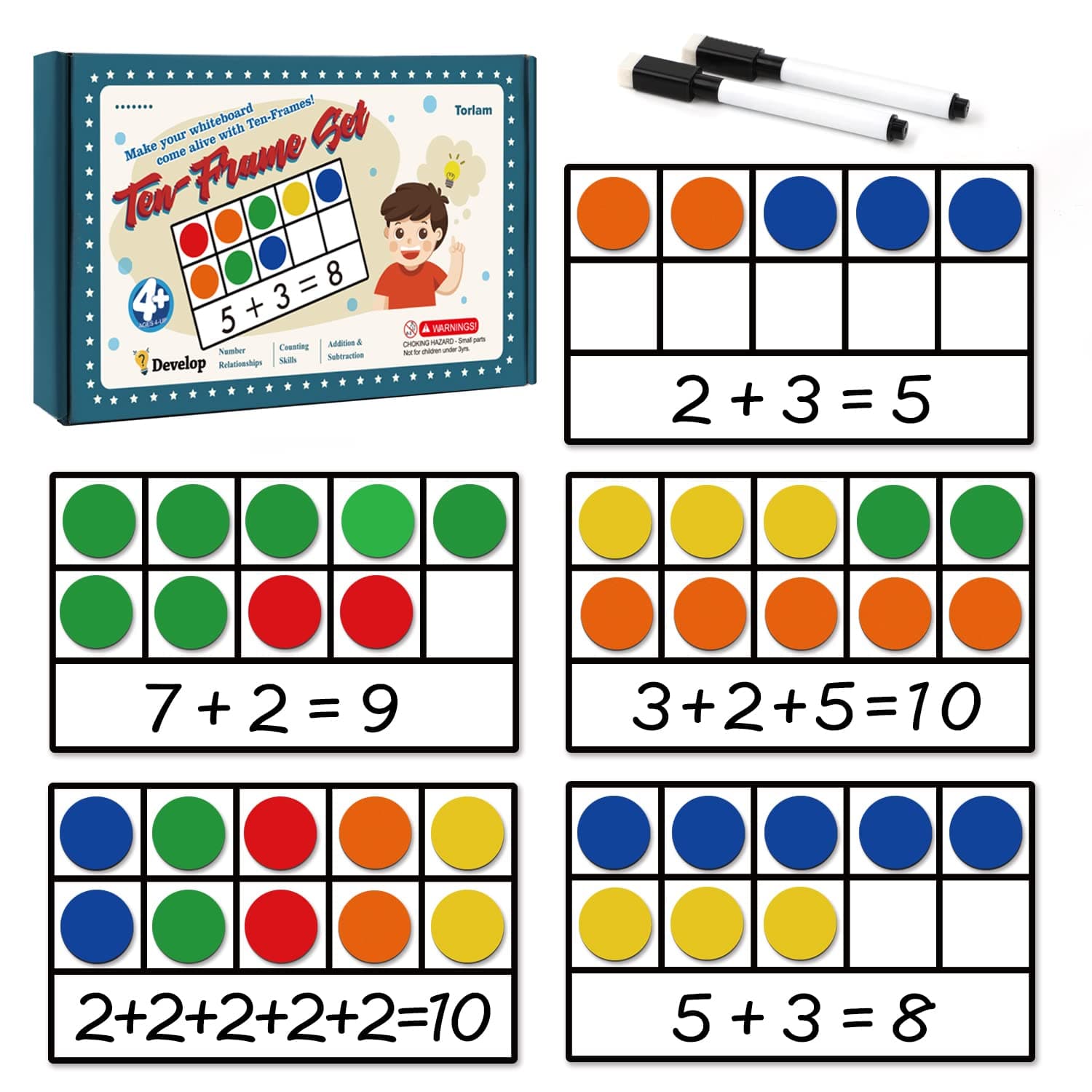 Torlam Magnetic Ten-Frame Set - Math Manipulative for Elementary - 5 Ten Frames & 55 Magnetic Counters for Kids, Kindergarten Math Games (Upgraded Version for Hand-held & 2 Black Pens)