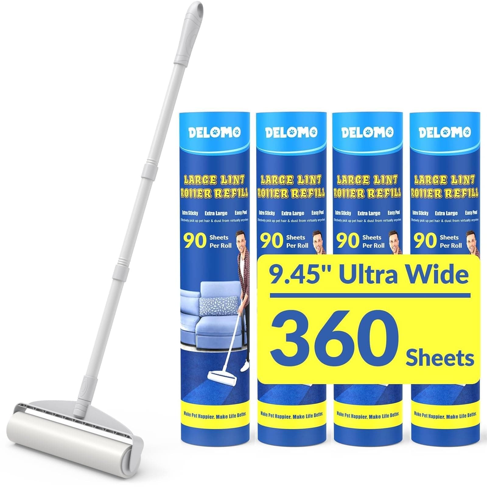 Large Lint Rollers for Carpet: Sticky Rollers for Floor DELOMO 9.45 in with 3 Extendable Handle, Long Handle Sticky Mop for Cleaning Carpets, Cars, Bedding, Couches, and Pet Hair - for Pet Homes