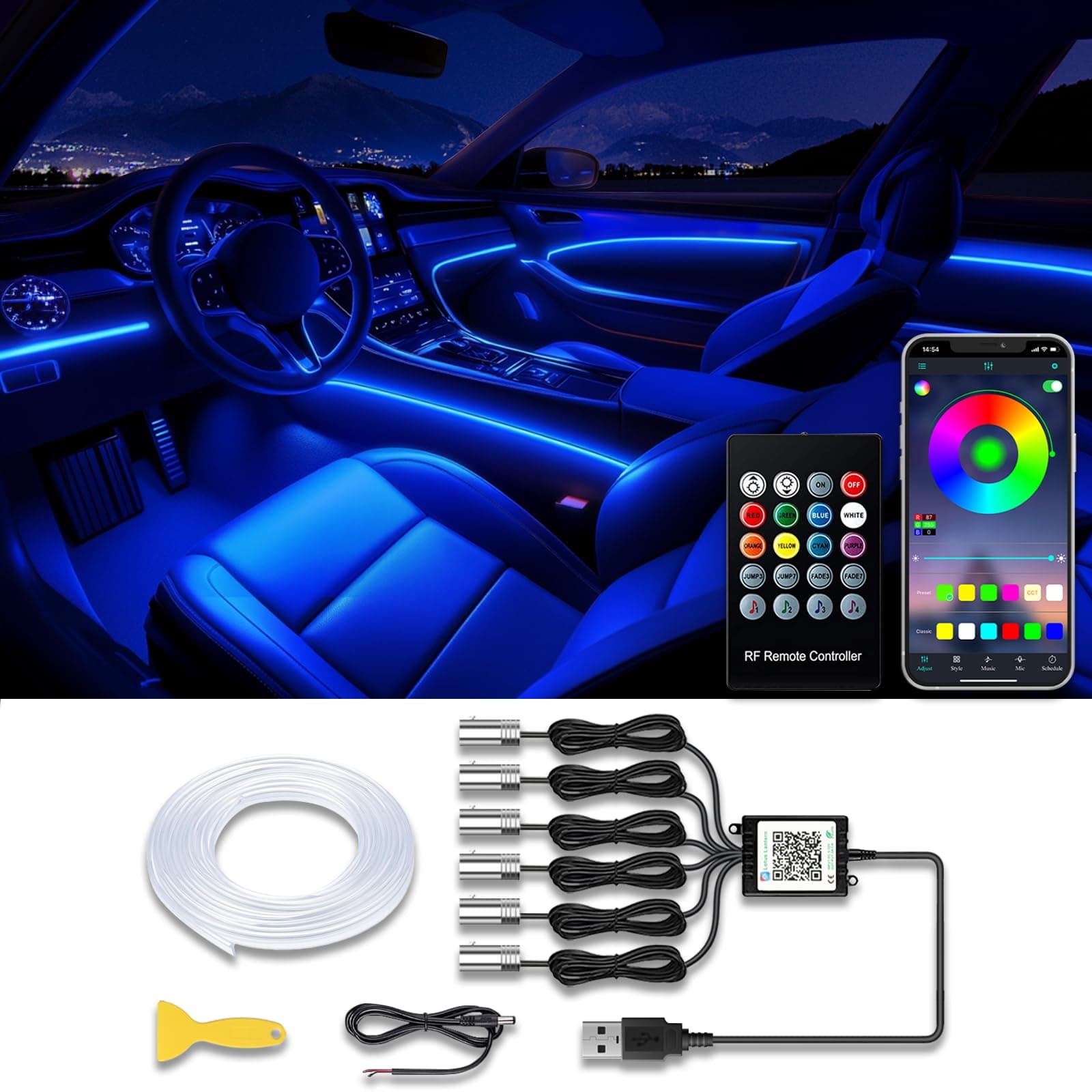 Jushope Car LED Strip Lights, USB Interior Ambient Lighting Kits with Wireless APP and RF Remote Control, 16 Million Colors Music Mode Car Decoration Lights with 315 inches 3.0mm Fiber Optic (6 in 1)