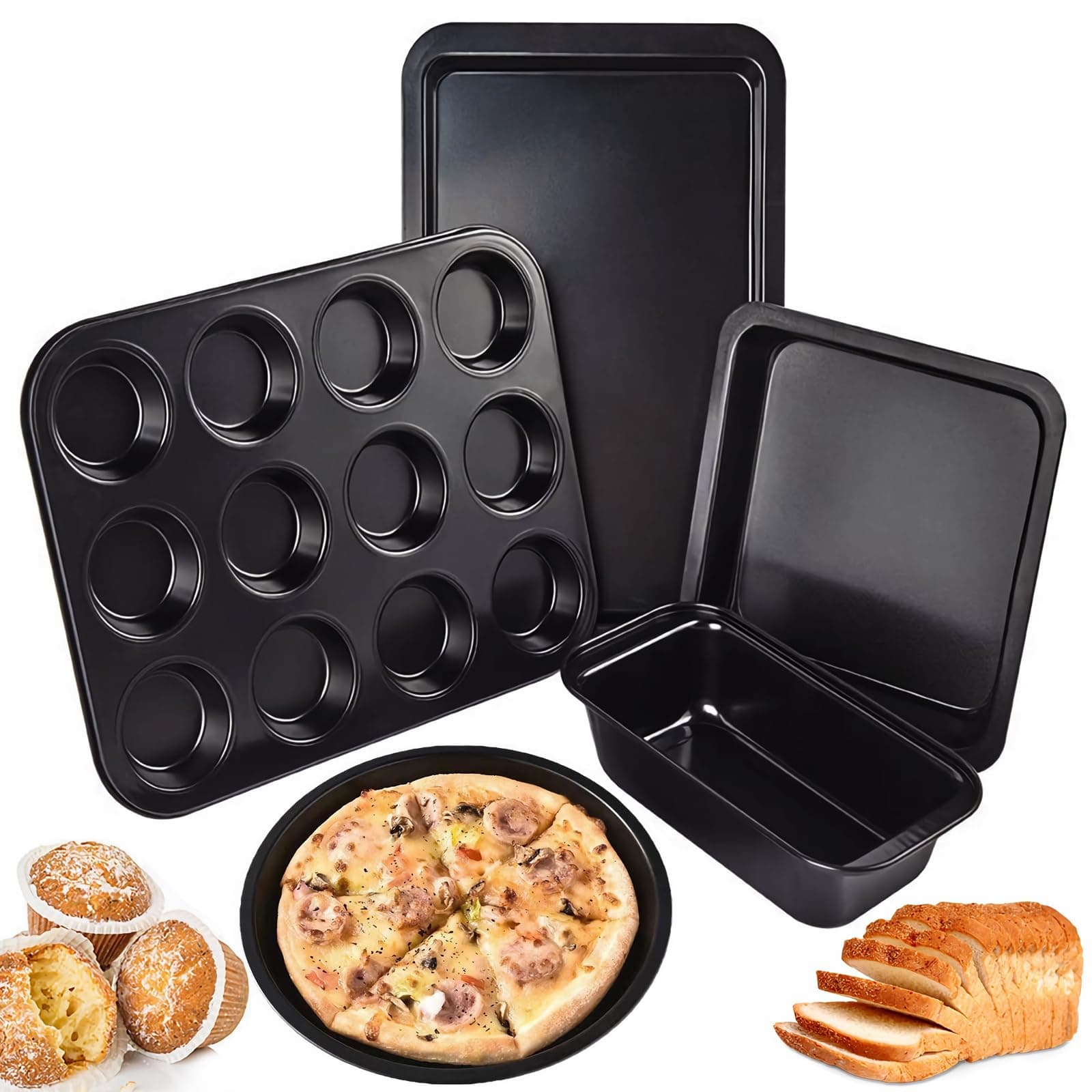 EYSOO Nonstick Bakeware Set 5 Pcs Baking Pans Set - Pizza Tray, Square Baking Pan, Loaf Pan, 12-Cup Muffin Pan & Cookie Baking Sheet - Carbon Steel Baking Trays for Bakers Beginners (Black)