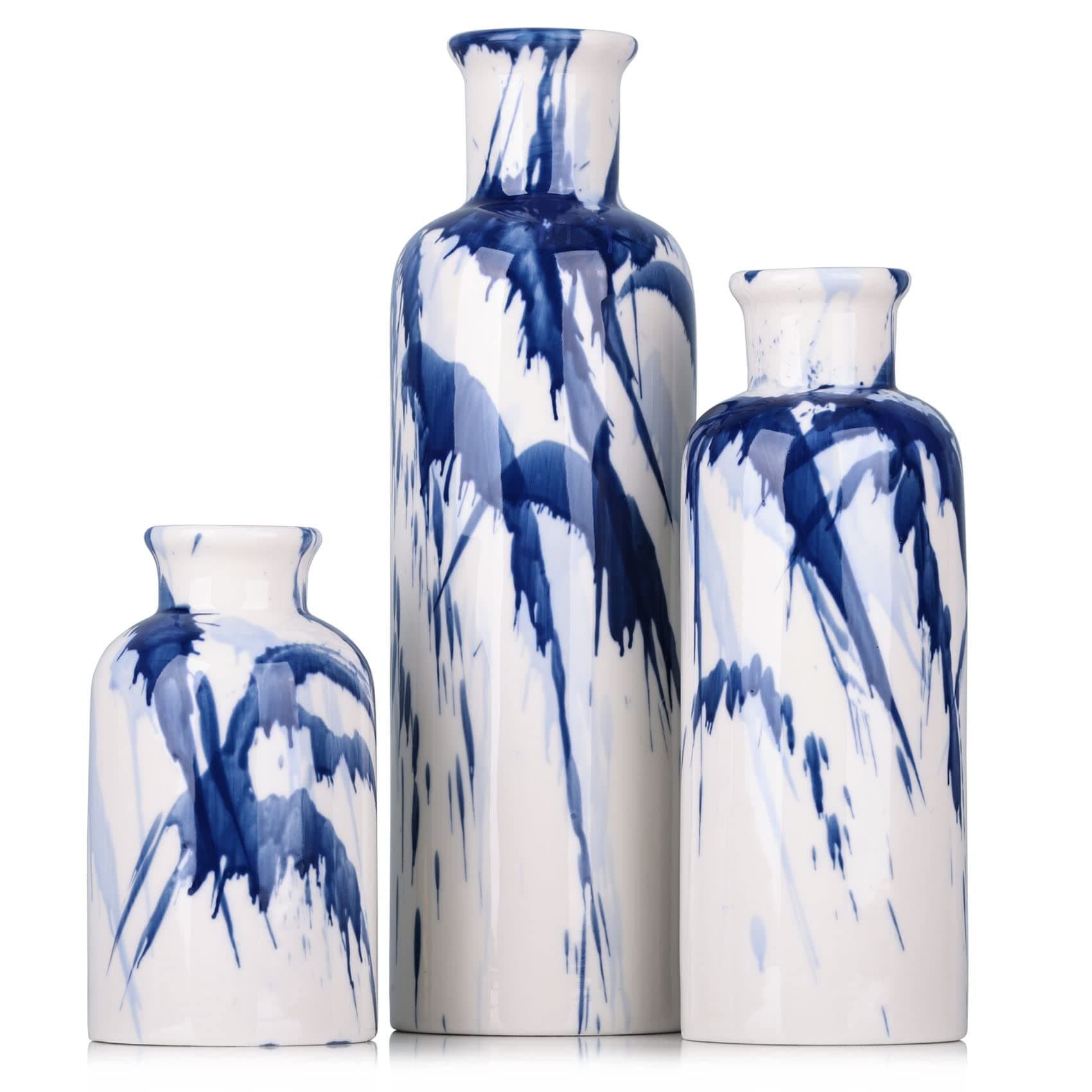 Blue Ceramic Vase Set - 3 Decorative Navy Blue and White Vase for Centerpieces, Farmhouse and Home Decor - Ideal for Living Room, Kitchen, Bedroom, Dining Table and Office Decor
