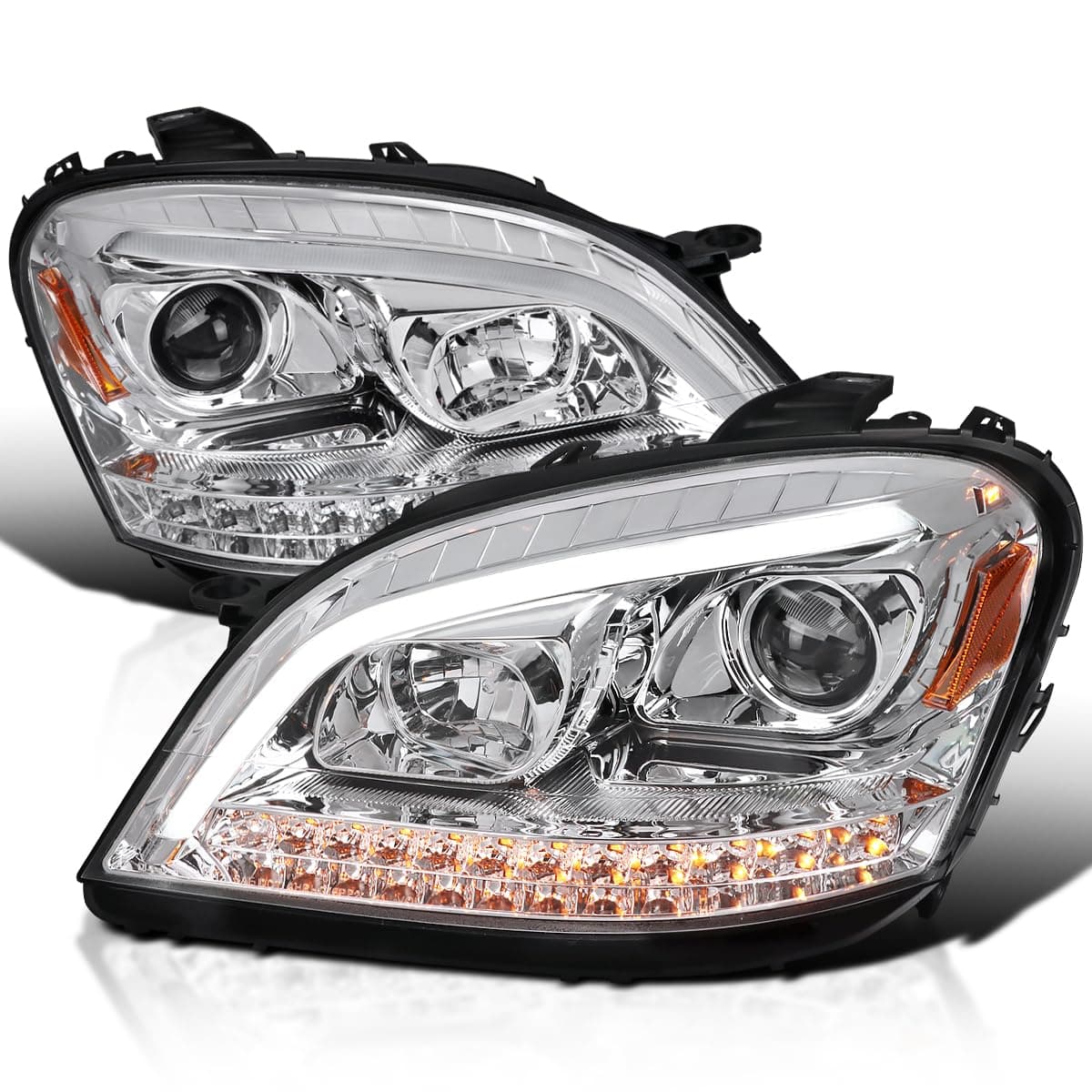 SPEC-D TUNING Chrome Projector Headlights w/LED Sequential Signal Compatible with 2006-2008 Mercedes Benz W164 ML350 ML500 ML-Class, Left + Right Pair Headlamps Assembly
