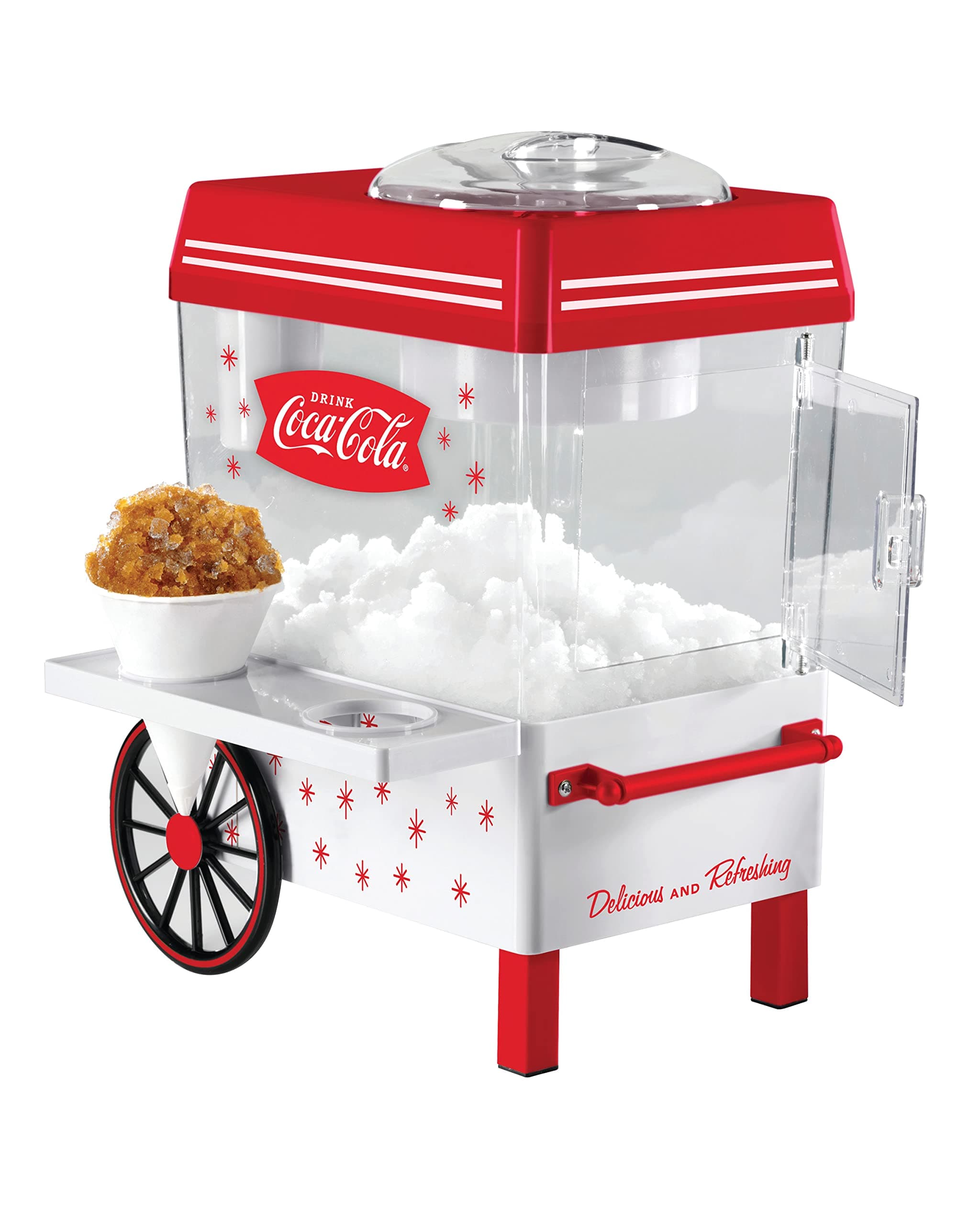 Nostalgia Coca-Cola Snow Cone Machine – Retro Table-Top Snow Cone Maker with Stainless Steel Blades – Slushie Machine Includes 2 Reusable Plastic Cups & Ice Scoop, Makes 20 Icy Treats - White & Red