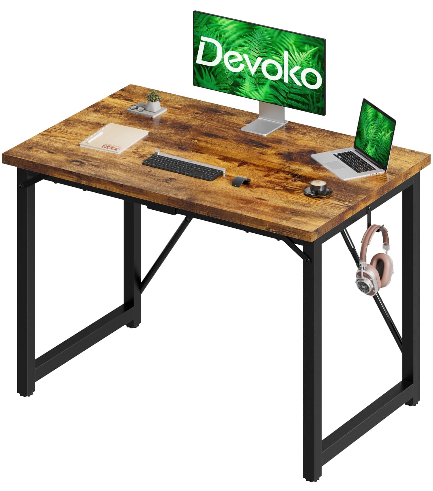 Devoko Computer Desk 100 x 50 x 75 cm, Home Office desk, Study Writing Small Desks, Gaming Deske for Home Workstations, Industrial Design Black Desk Metal Frame, Rustic Brown