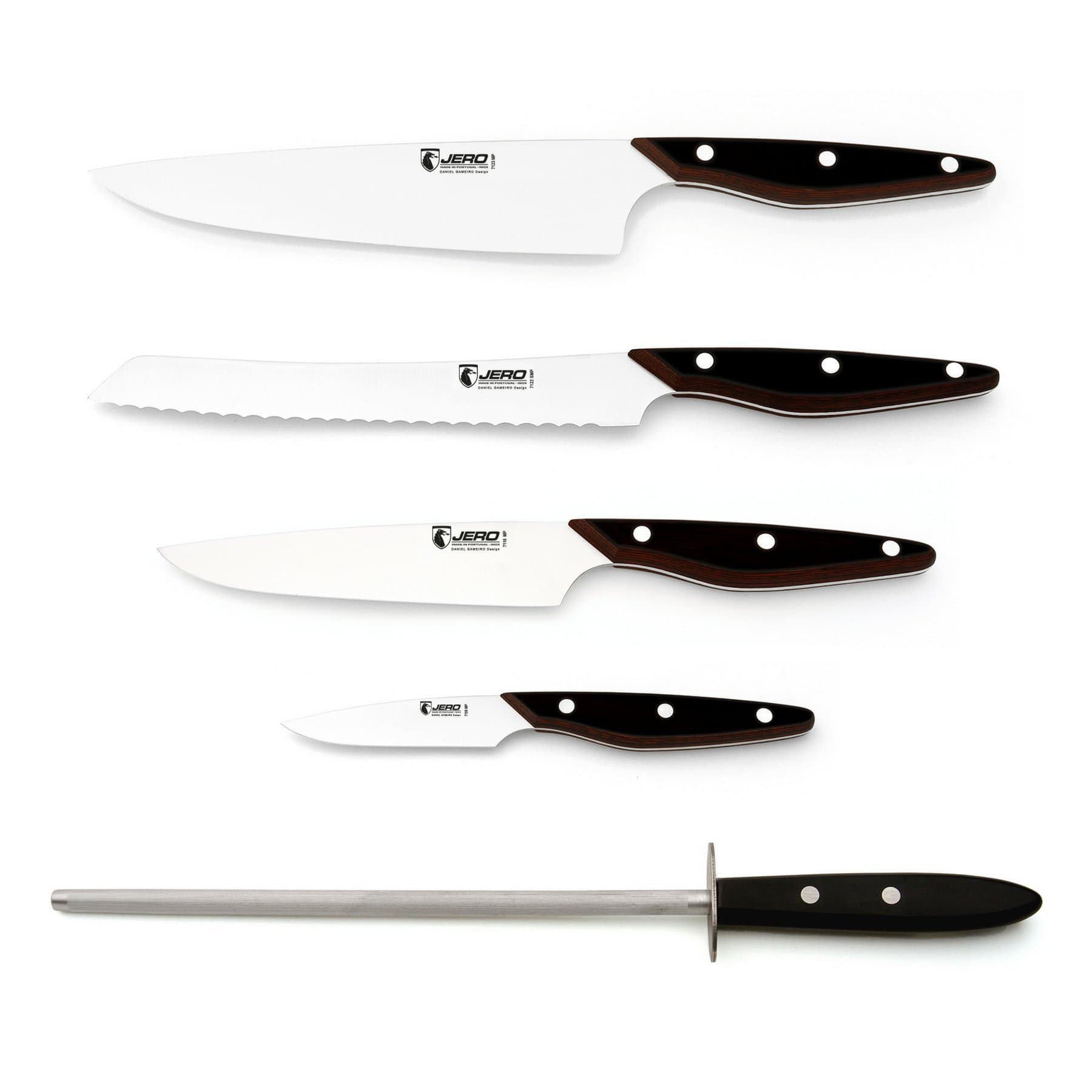 JERO Deep Ellum Five Piece Kitchen Knife Set - Modern Chef Knife Set - Daniel Gameiro Designed - Unique Resin Injected Wood Handles - German Stainless Steel Blades - Durable Professional Grade
