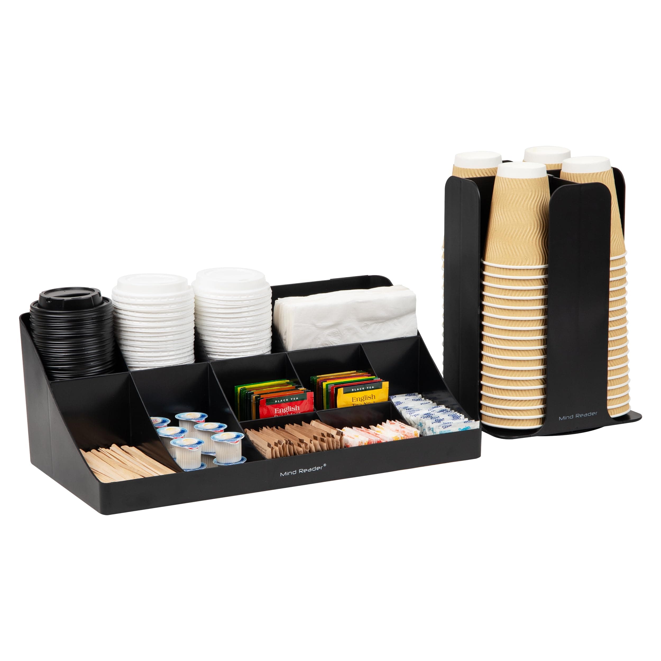 Cup Carousel and Condiment Organizer Set, Countertop Org, Coffee Bar, 7.75"L x 7.75"W x 11.5"H, 2 Pcs., Black