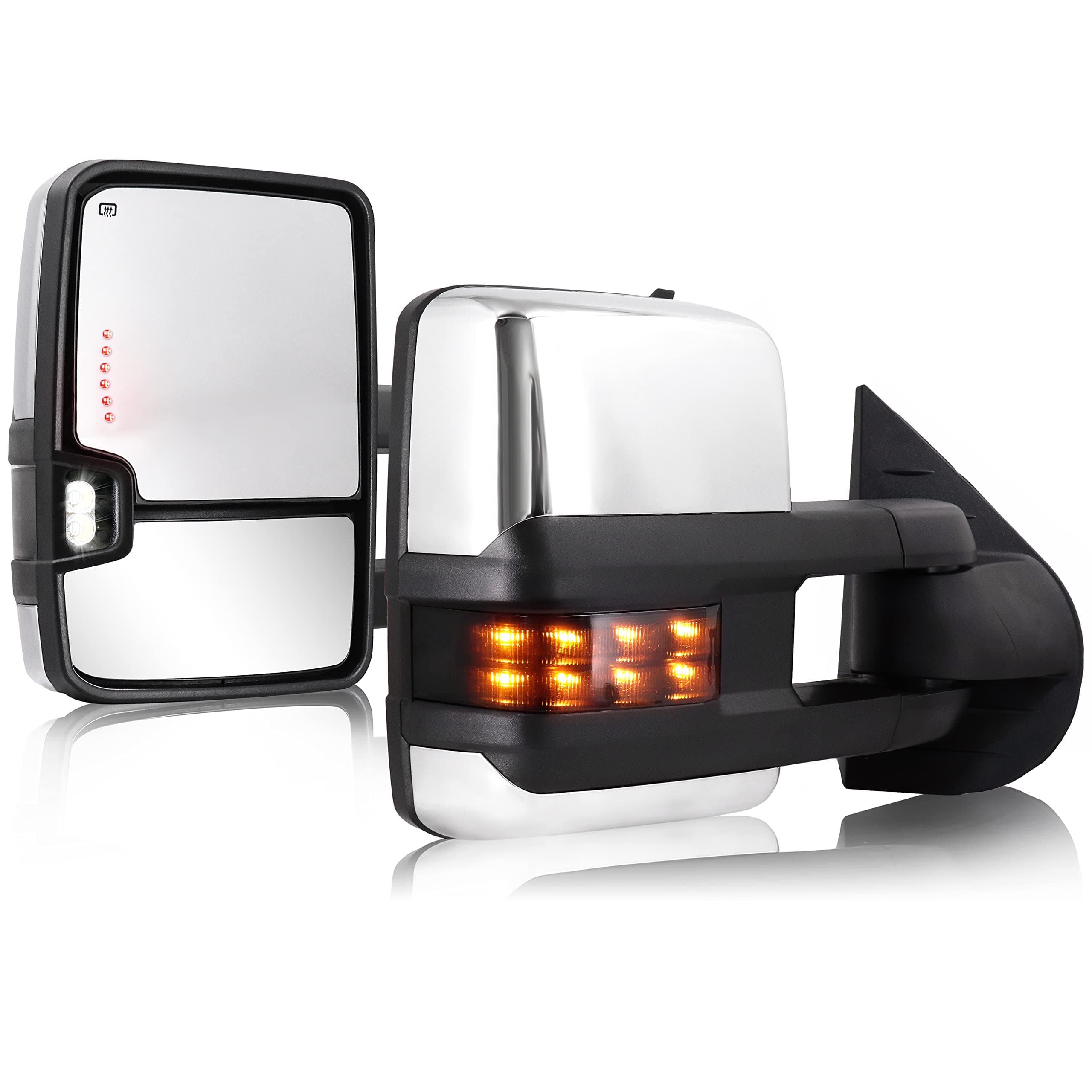 Towing Mirrors Chrome for 2007 2008 2009 2010 2011 2012 2013 Chevy Silverado Suburban Tahoe Avalanche GMC Sierra Yukon with Power Glass Turn Signal Light Backup Lamp Heated Extendable Pair Set