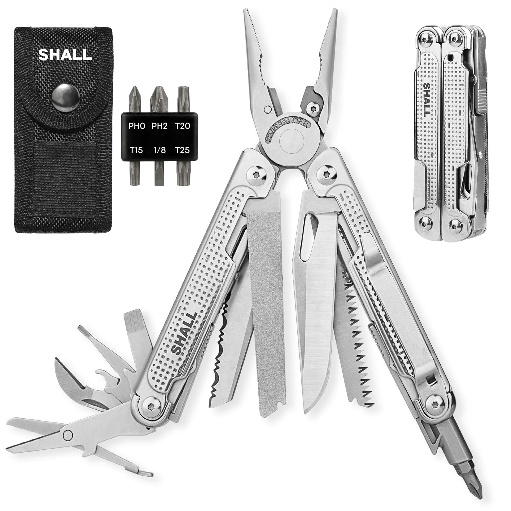 SHALL Multi Tool, 18-in-1 Multitool Pliers, Stainless Steel Multi-tool Pocket Knife w/Screwdriver Bit, Self-locking Multipurpose Tool w/Sheath for Camping Fishing Survival Hunting