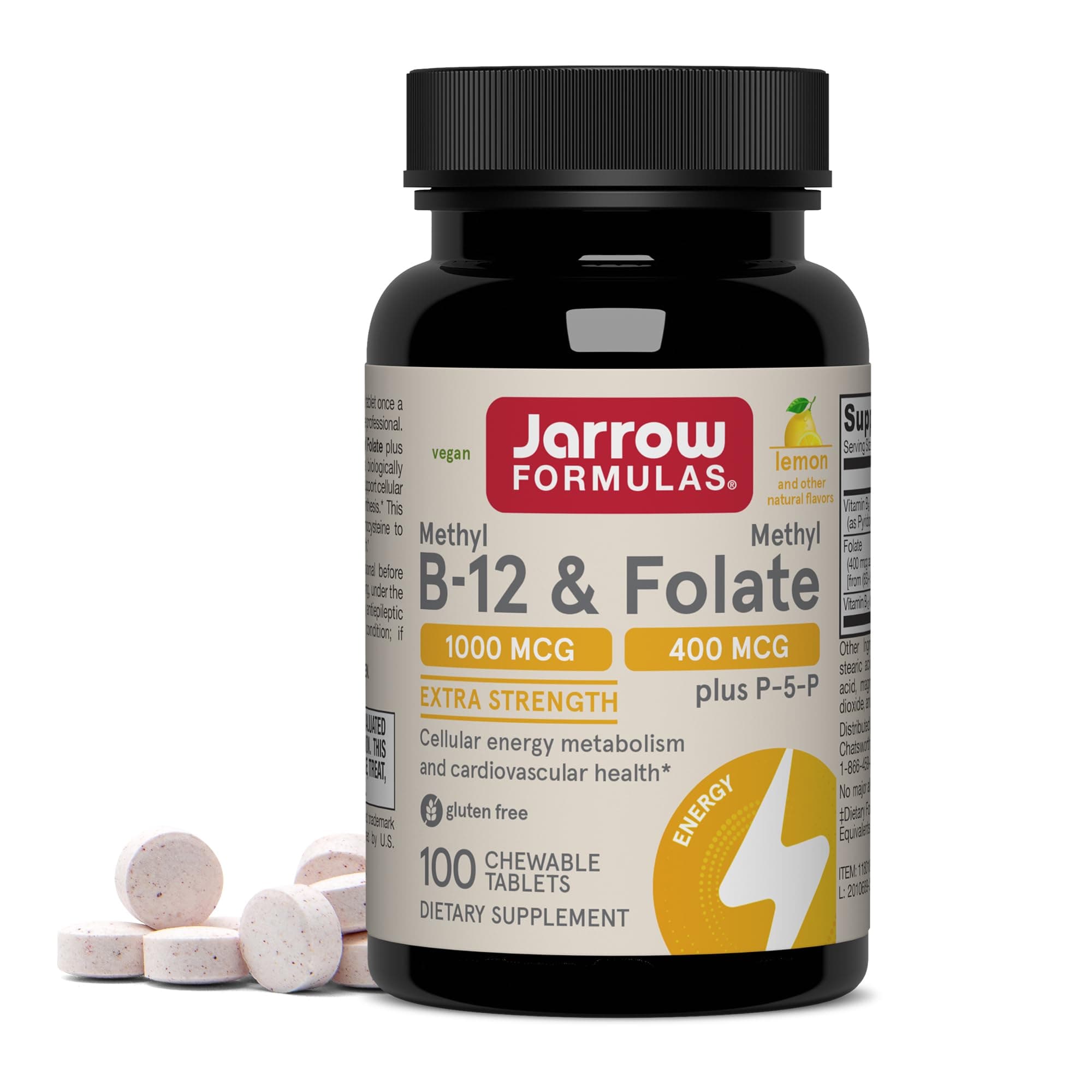 Methyl B-12 & Methyl Folate - 100 Chewable Tablets, Lemon - Bioactive Vitamin B12 & B9 - Supports Energy Production, Brain Function & Metabolism - Gluten Free - 100 Servings