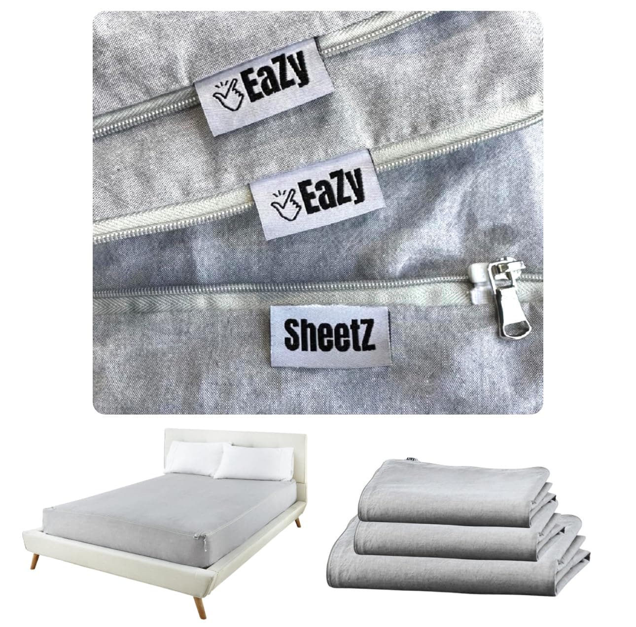 Eazy Sheetz®: Fitted Sheets That Won't Pop Off | Zipper Sheets, Stay-On Sheets, Fitted Zipper Sheets, Zipper Bedding (Gray) Crisp Cotton - Queen 60X80X14 Standard (13-15 inch Depth) STQ14G