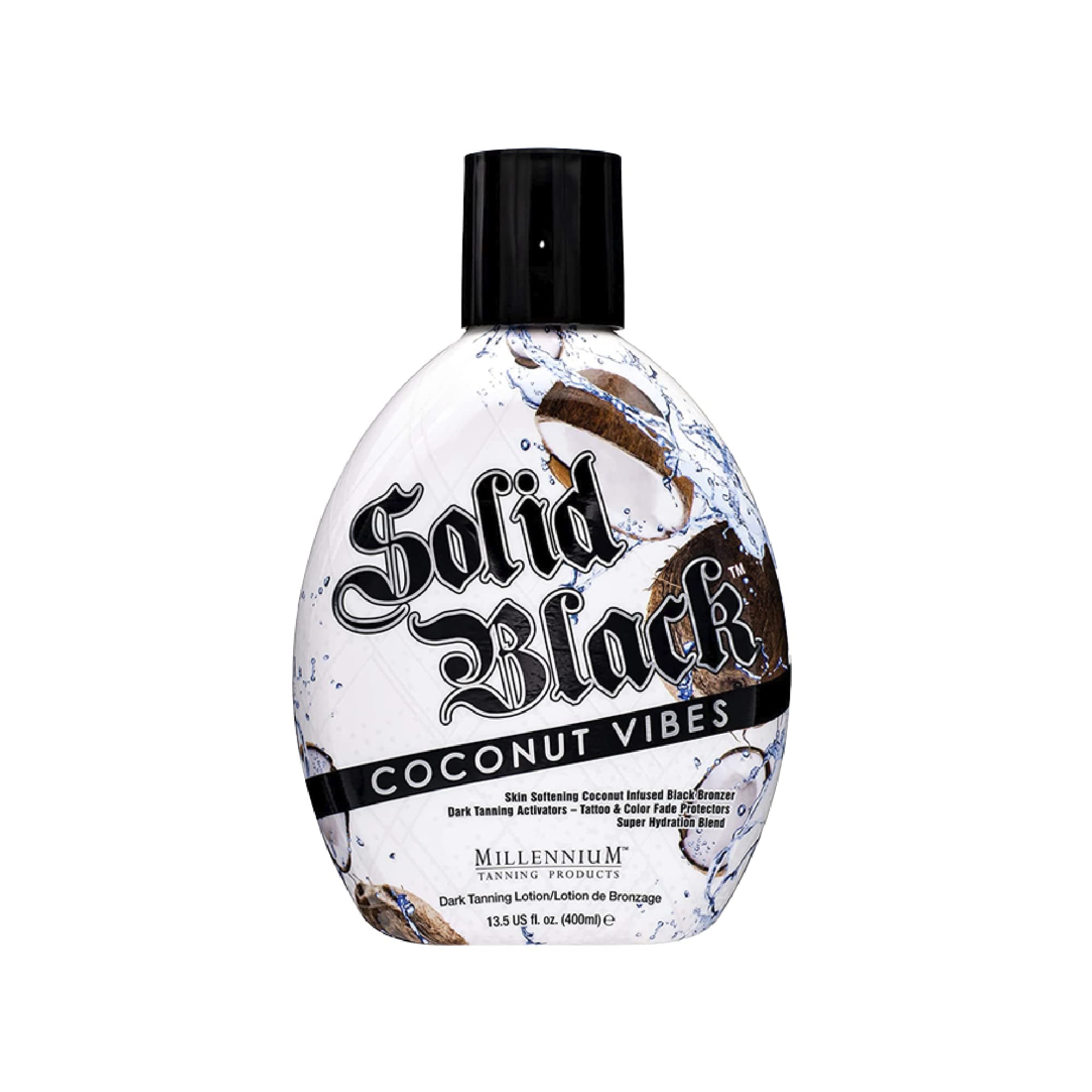 Millennium Tanning Solid Black COCONUT VIBES Infused Black Bronzer Dark Tanning Activators ââ‚¬â€œ Tattoo & Color Fade Protectors Super Hydration Blend Indoor/Outdoor Tanning Lotion 13.5 fl oz