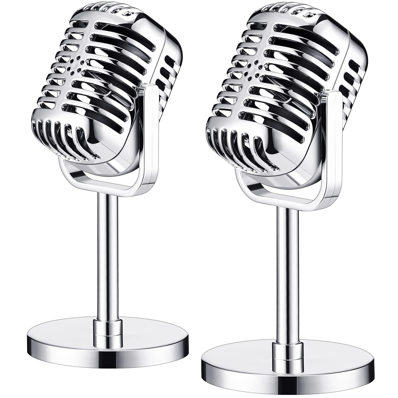 Chivao 2 Pack Retro Microphone Props Model Vintage Stage Table Decor Plastic Fake Microphone Antique Decor Stand Costume Prop for Party Toy(Bright Silver,Classic)