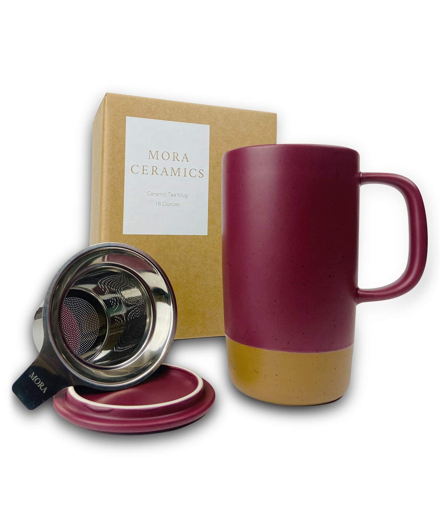 Mora Ceramics Large Tea Mug with Loose Leaf Infuser and Ceramic Lid, 18 oz, Portable, Microwave and Dishwasher Safe, Tall Coffee Cup - Rustic Matte Ceramic Glaze, Modern Herbal Tea Strainer, Merlot