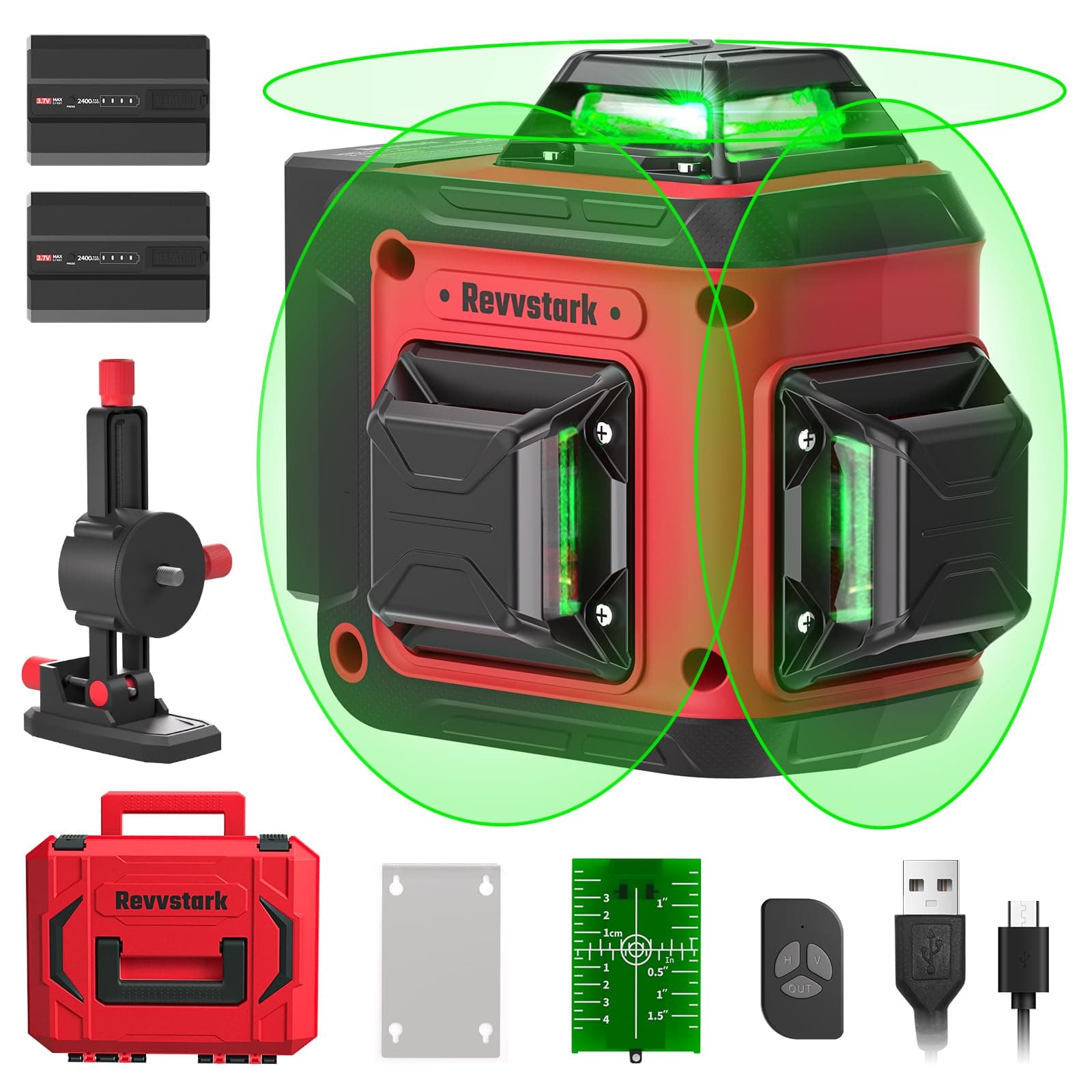 Revvstark Laser Level Pro Kit, 3X360° Self-leveling Tool for Construction, Tiling Floor & Picture Hanging, 3D Cross Line Level with Fine-tuning Bracket, 12 Lines level Tool with 2 * 2400mAh Battery