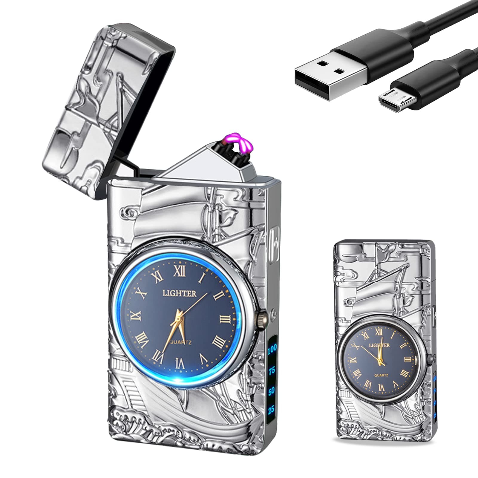 YOZWOO Plasma Lighter, USB Rechargeable, Electronic Lighter with Clock, Stylish, Totem of Eagle, Dual Arc Lighter with LED Lighting, Flameless Windproof Electric Lighter, Silver