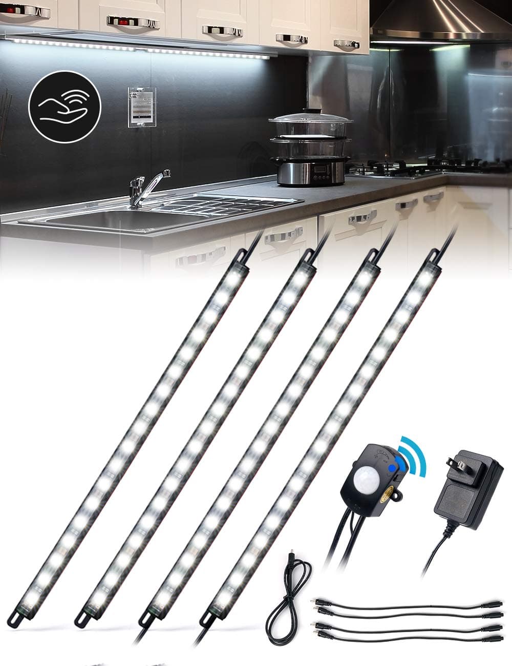 Xprite LED Safe Lighting Kit, 4PCS 12 Inch Linkable Light Bars + Motion Sensor Activated + 39" Extension Cables Wire, for Under Cabinet Gun Safe Locker Closet Counter Showcase, 5000K Daylight