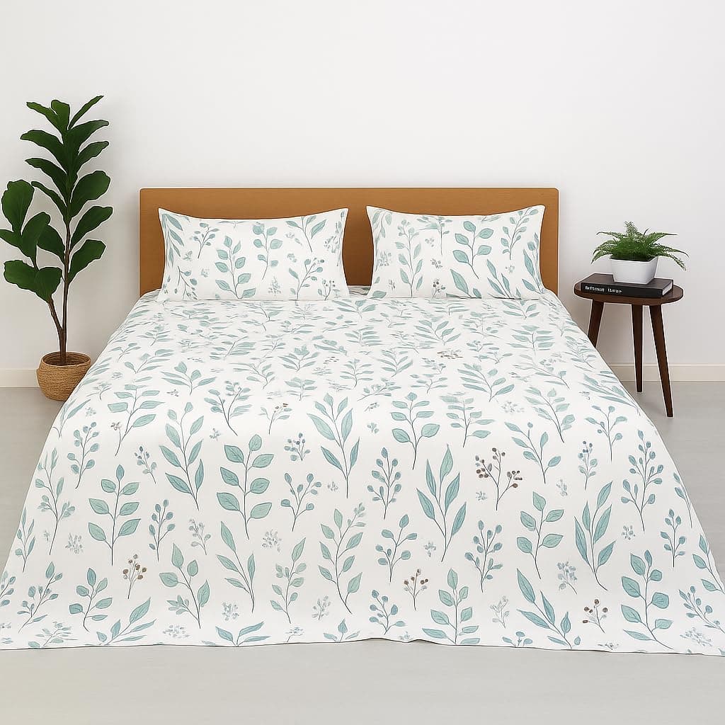 100% Microfiber bedsheet for Double Bed with 2 Pillow Covers Breathable | Wrinklefree and Soft Touch Flat Double Bedsheet (Tranquil Green Petals)