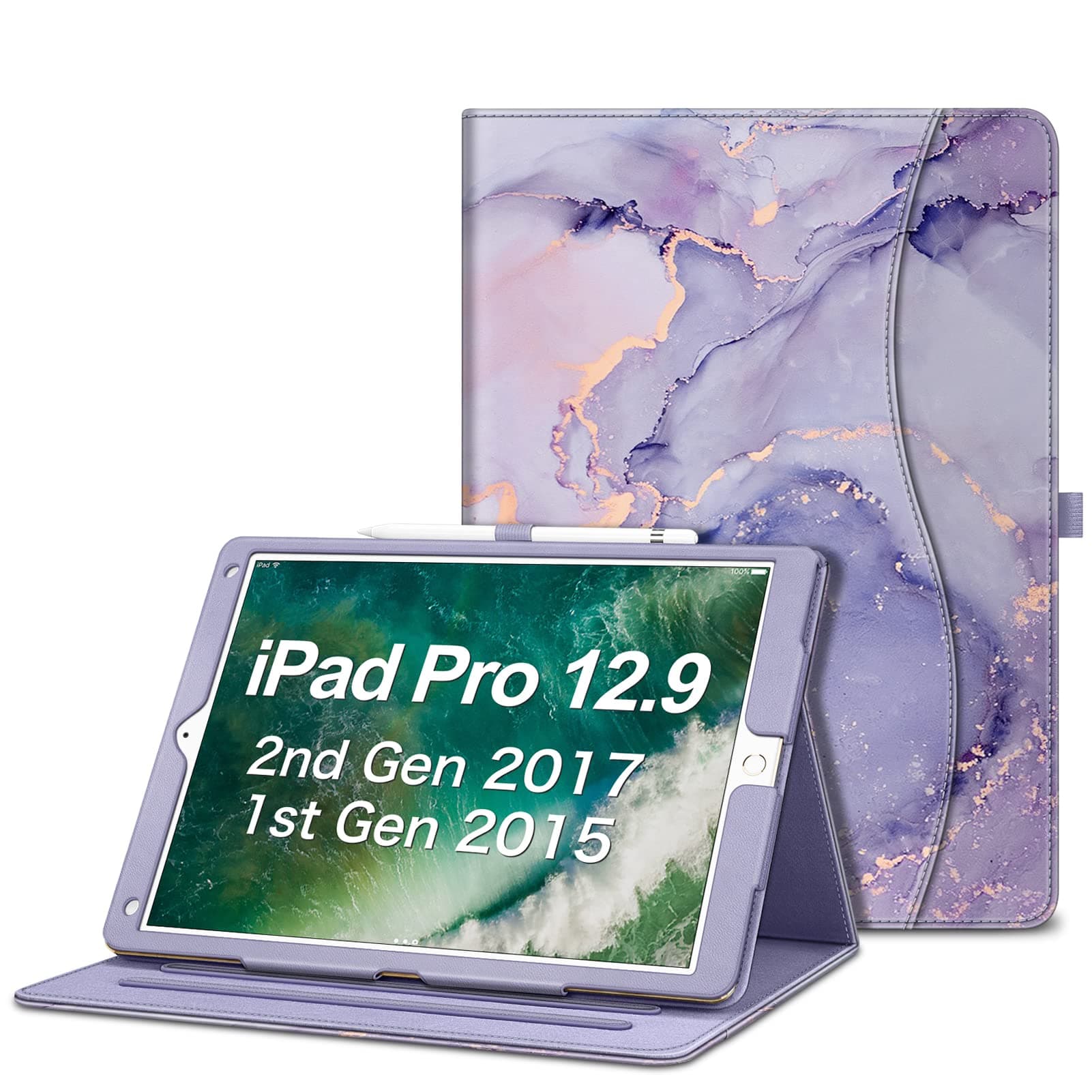 Fintie Multi-Angle Case, 2017/2015 iPad Pro 12.9 inch (Old Model) 1st & 2nd Gen Case - [Corner Protection] Folio Stand Cover with Pencil Holder & Pocket, Auto Wake/Sleep, Lilac Marble