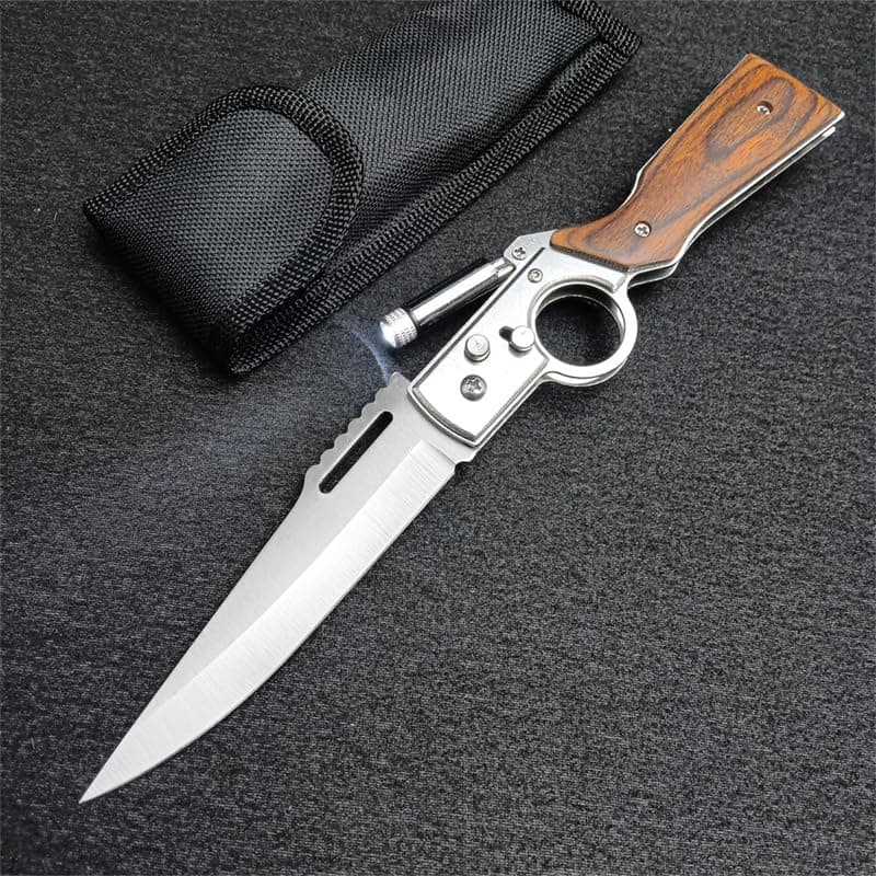 AK47 Flipper Pocket Folding Knife with Push Button Lock, Stainless Steel Blade, Wooden Handle and Pocket Clip, Portable LED Light Knife for Men's Gift, Camping Survival EDC