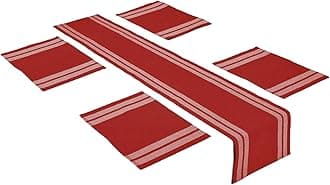 Encasa Dining Set (4 Placemats + 1 Table Runner) | Ladder Red | Ribbed Cotton | Over 20 Modern Colors & Woven Designs, Machine Washable