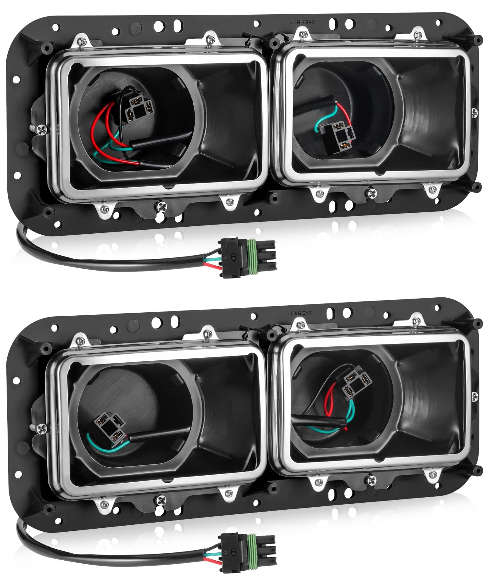 Headlight Housing Base with H4 Plugs Wire Harnesses Stainless Steel Bezel Replacement for Kenworth T600 T800 W900, Peterbilt 379, Western Star 4900, Freightliner FLD Driver & Passenger Side