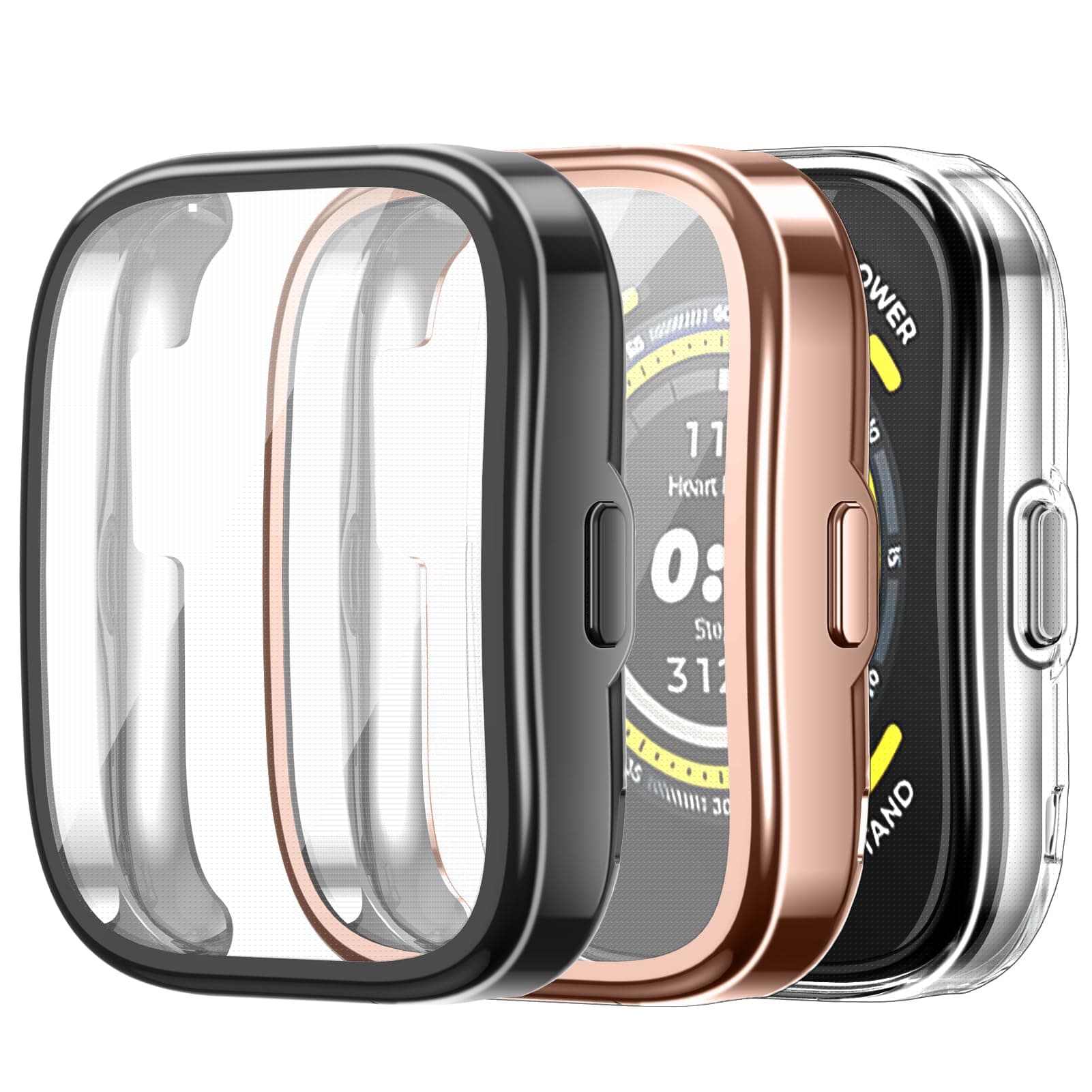 3 Packs Screen Protector Case Compatible with Amazfit Bip 5, Soft TPU Plated Bumper Full Protective Cover Cases Scratch-Proof, Black/Rose Gold/Clear