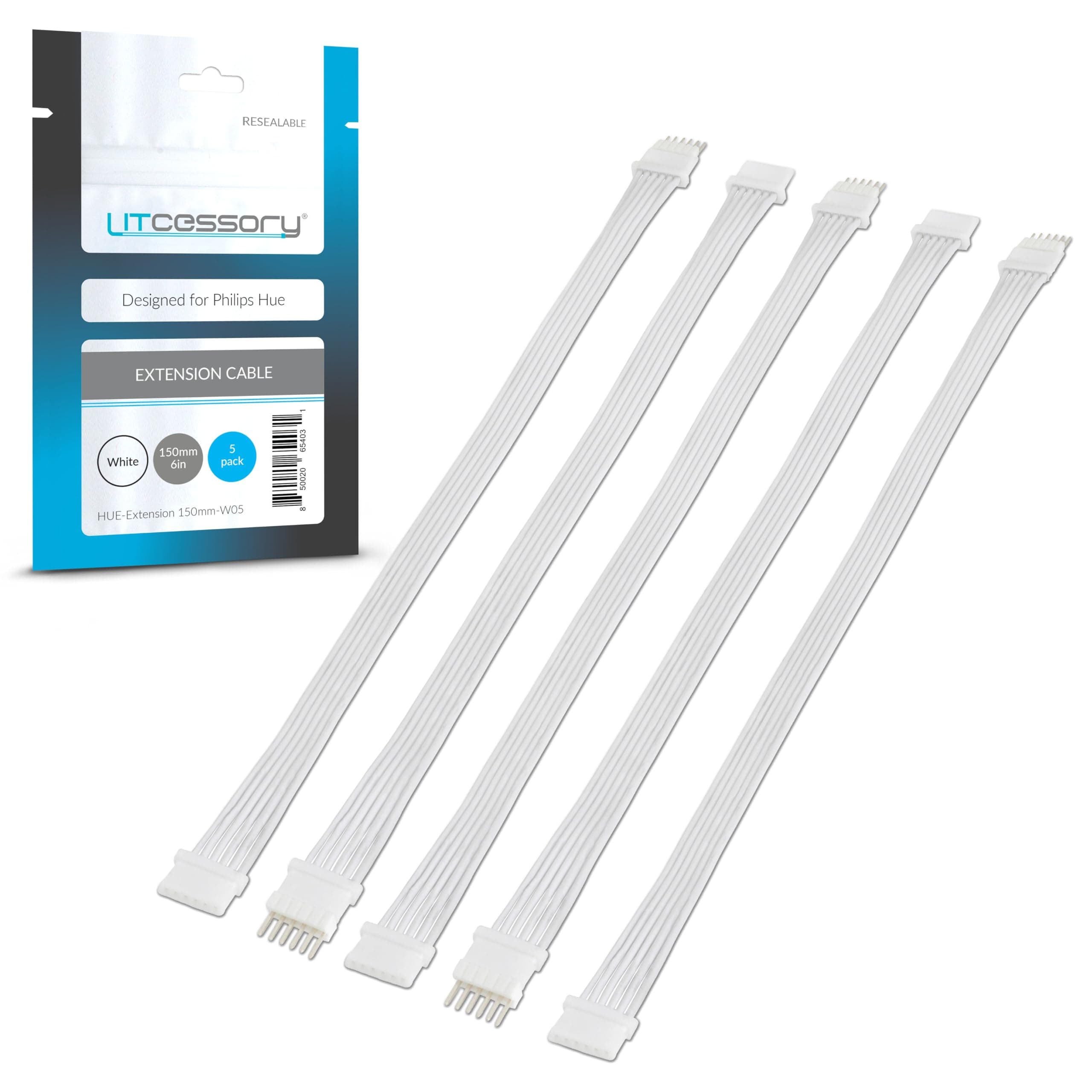 Litcessory Extension Cable for Philips Hue Lightstrip Plus (150mm, 5 Pack, White)