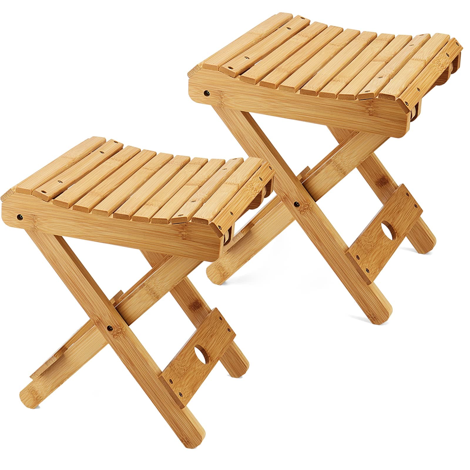 MOUYAT 2 Pack 12 Inch Bamboo Folding Stool, Foldable Foot Step Stool, Natural Bamboo Shower Bench Seat Toilet Stool for Bathroom Showers, Saunas, Fishing, 11 x 11 x 12.6 Inch