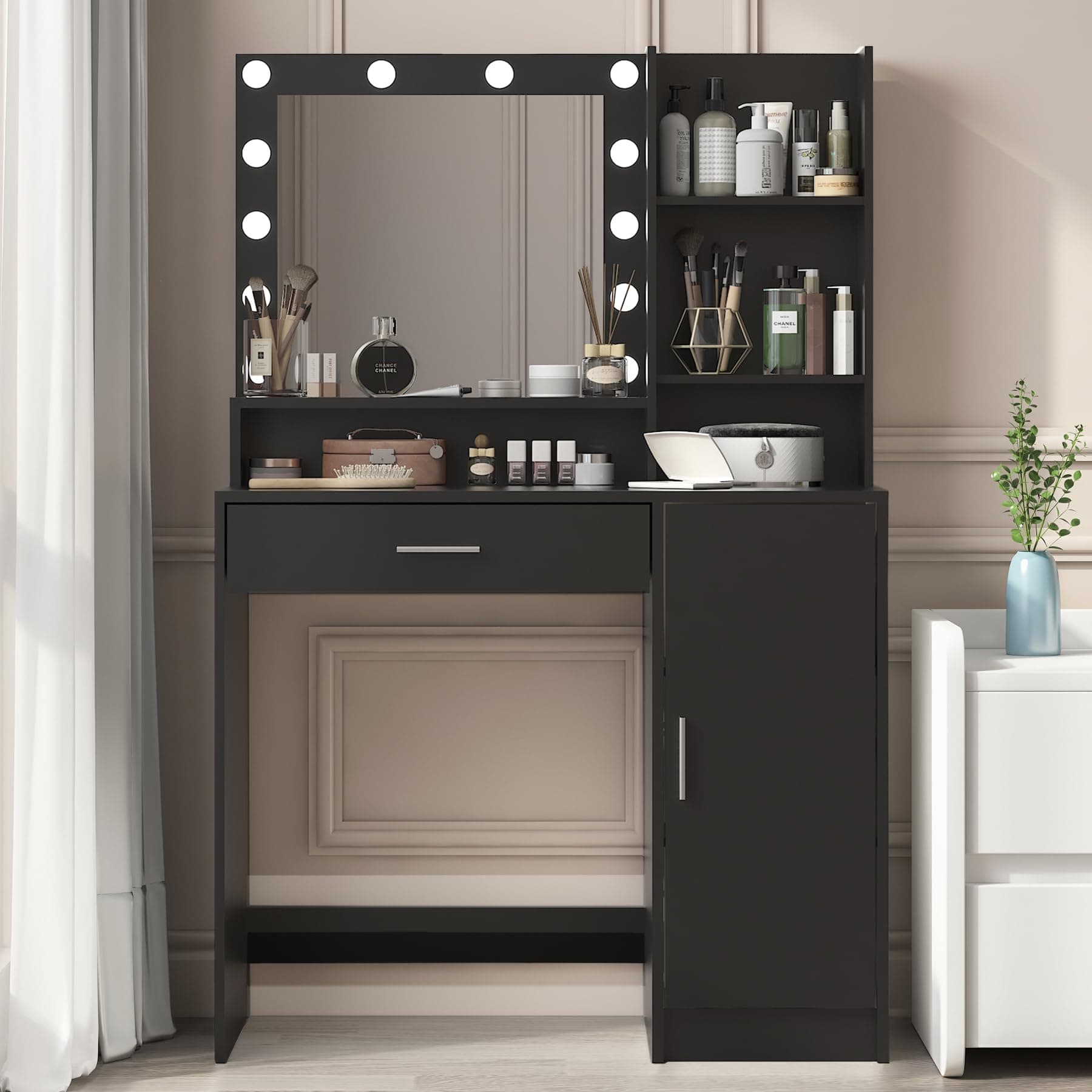 Vanity Makeup Desk with Mirror & Light, Large Drawer & Three Level Storage Dresser, 3 Lighting Modes Adjustable Brightness, Bedroom Dressing Table (Black)