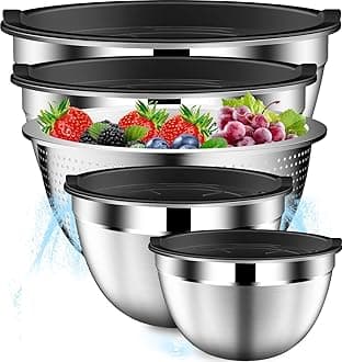 Mixing Bowls with Lids Set, Stainless Steel Mixing Bowls with Colander, Strainer with Mixing Bowl Set, Serving Bowl Kitchen Gift, Size 4.5, 2.5, 2, 1.5QT - Black
