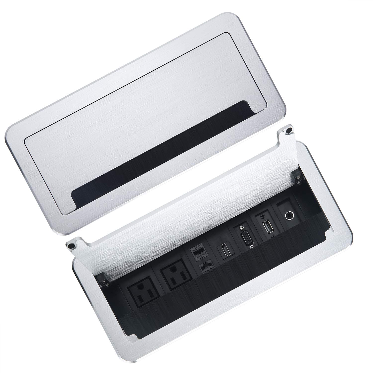 Conference Table Power Module-Tabletop Multimedia Connectivity Box Outlet,with 2 Electric Power Outlets,2 Ethernet Port,USB and HDMI(silver)