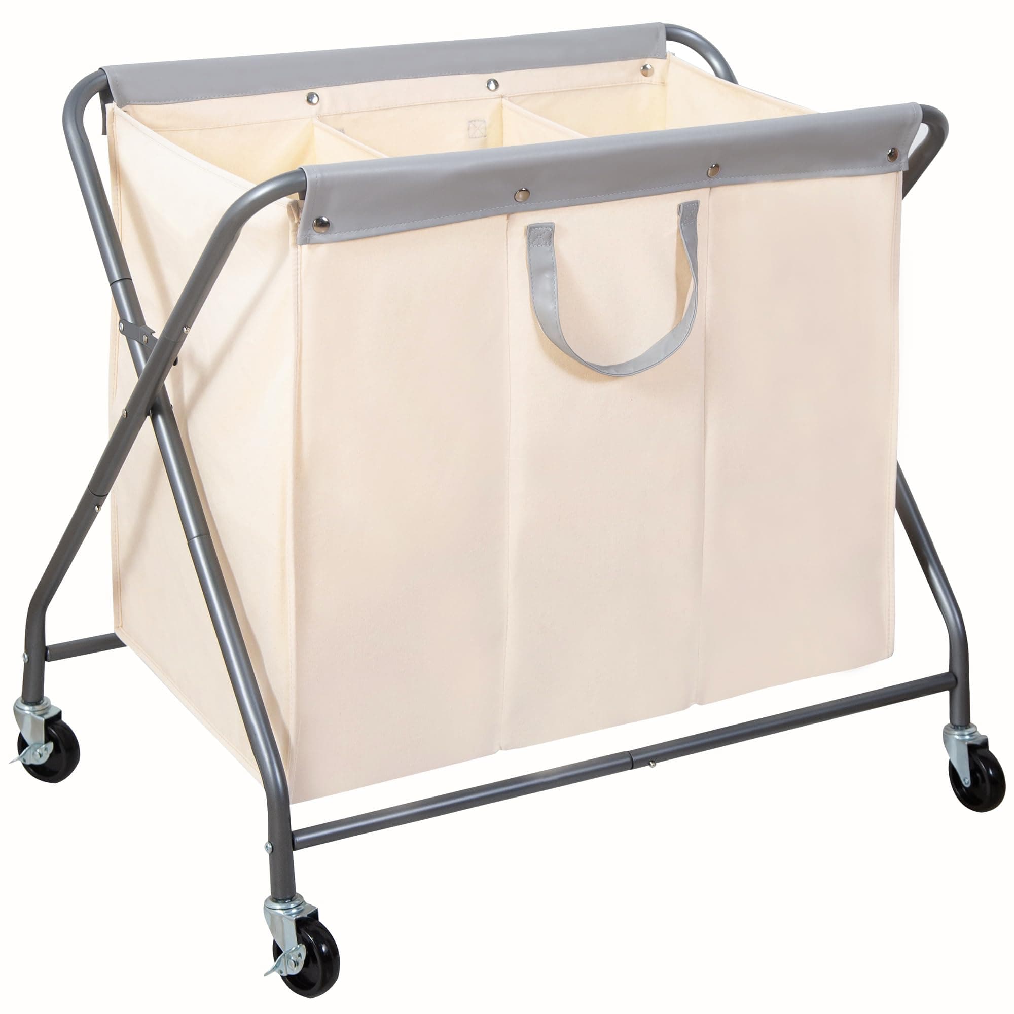 STORAGE MANIAC Laundry Hamper with Wheels, Rolling Laundry Basket, Heavy Duty Laundry Sorter with Removable and Washable Bag, Folding X Frame Laundry Organizer Cart for Easy to Store, 3 Section