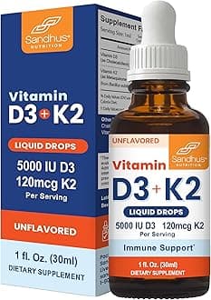 Sandhu's Vitamin D3 K2 Drops for Adults | 5000 IU D3 Liquid, 120mcg K2 Supplement 1 Fl Oz (Pack of 1) | D3K2 Supports Superior Absorption, Energy, Immune, Muscle Health for Men & Women