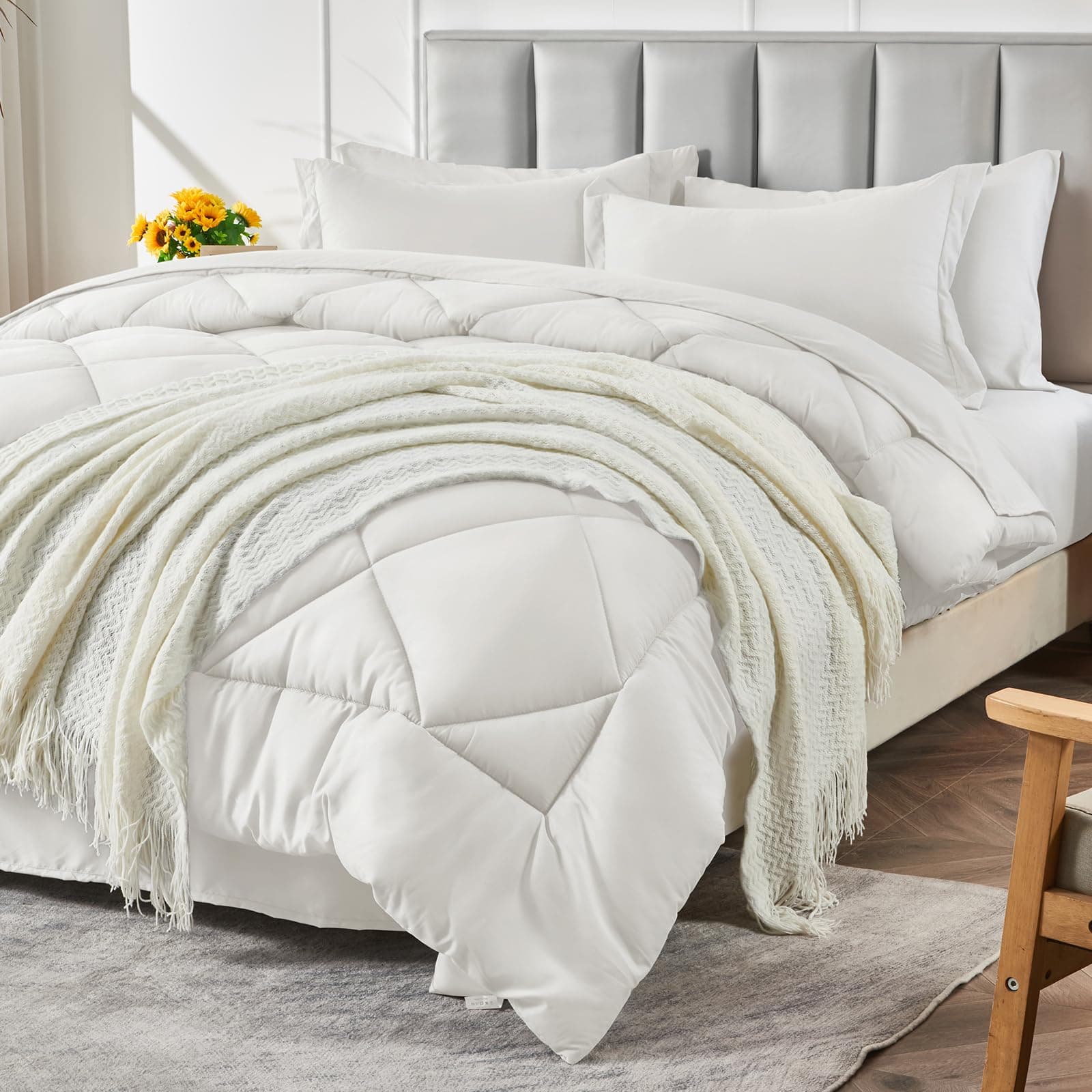 CozyLux Queen Comforter Set with Sheets 7 Pieces Bed in a Bag Ivory All Season Bedding Sets with Comforter, Pillow Shams, Flat Sheet, Fitted Sheet and Pillowcases, Cream, Queen