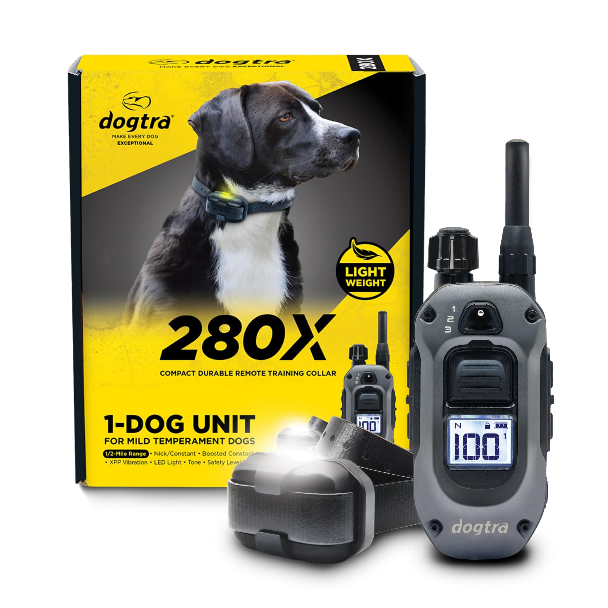 - Dogtra 280X E-Collar with Remote [New Edition] 10 lbs+, 1/2 Mile Range, LED Light, 100 Levels of Precise Control for Stubborn Dogs, Waterproof, Boost for Quick Recall, Vibration, Safety Lock & Tone