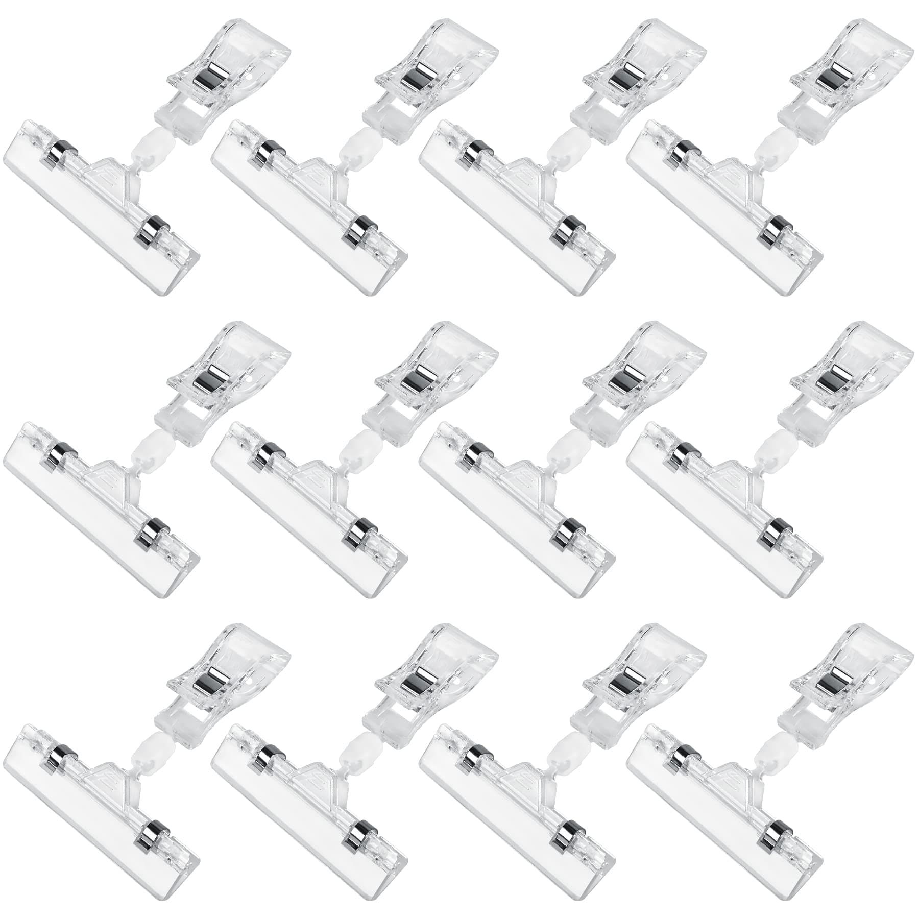 Clear Sign Clips Merchandise Display 12 Pack Plastic Label Pop Clips on Sign Holder Shelf Double Sided Swivel Price Tag Holders on Clothing Rack Rotatable Menu Clamps for Sale Retail Display