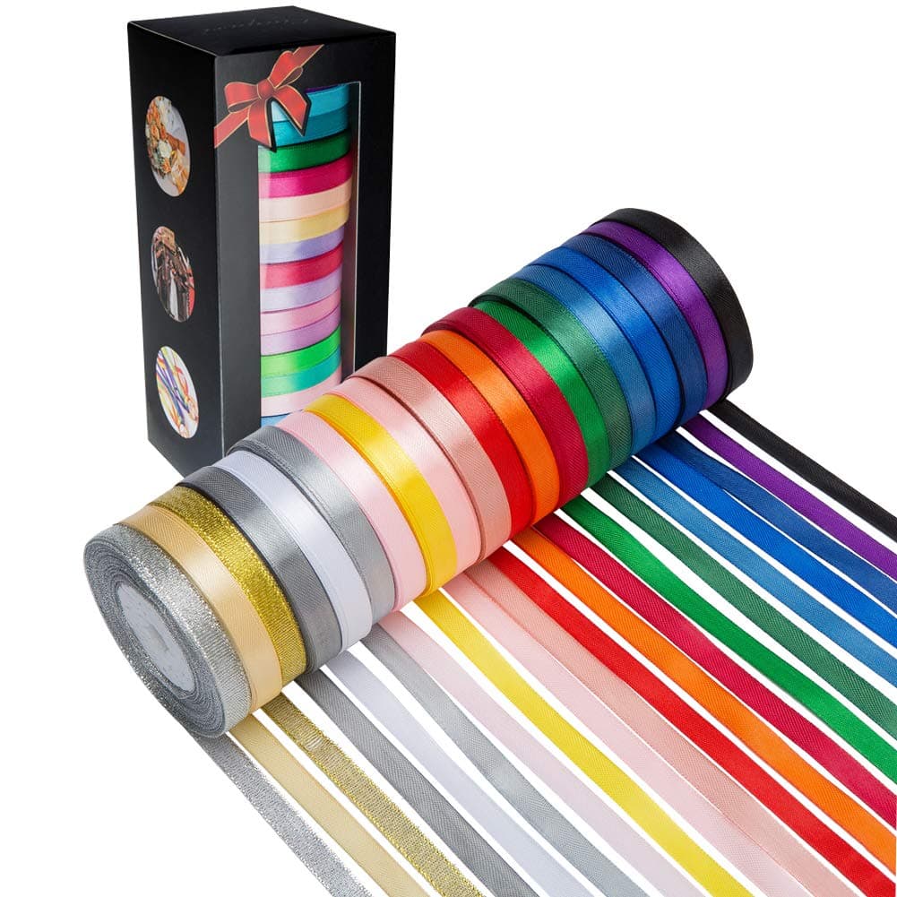 LIUYAXI Satin Ribbon 20 Colors 300 Yard -18 Silk Ribbon Rolls & 2 Glitter Metallic Ribbon Rolls, 2/5" Wide 15 Yard/Roll, Ribbons Perfect for Gift Wrapping Happy Birthday Party Decorations
