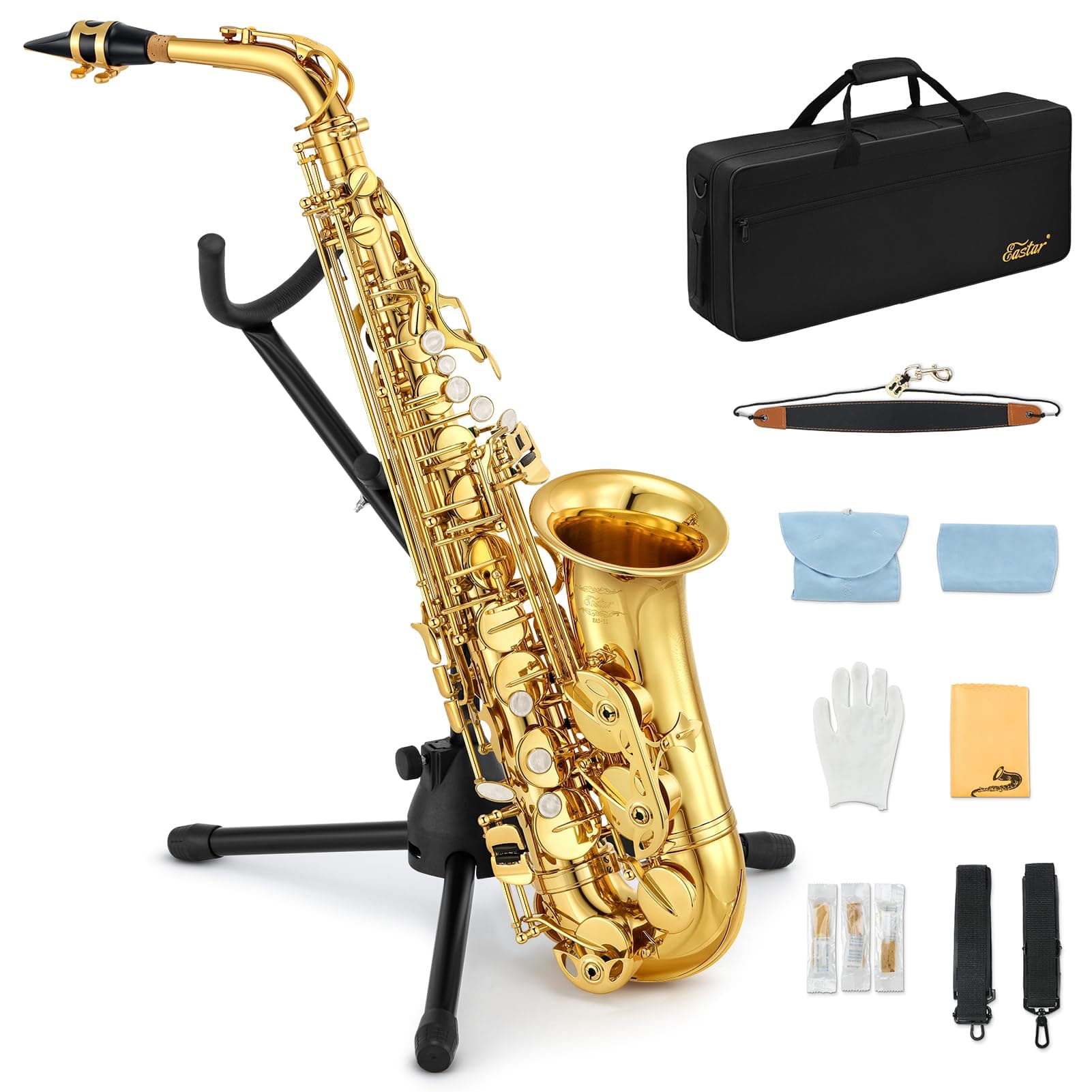 Student Alto Saxophone E Flat for Beginner Sax Full Kit with Carrying Case, Mouthpiece, Straps, Reeds, Stand, Golden Lacquer, AS-Ⅱ