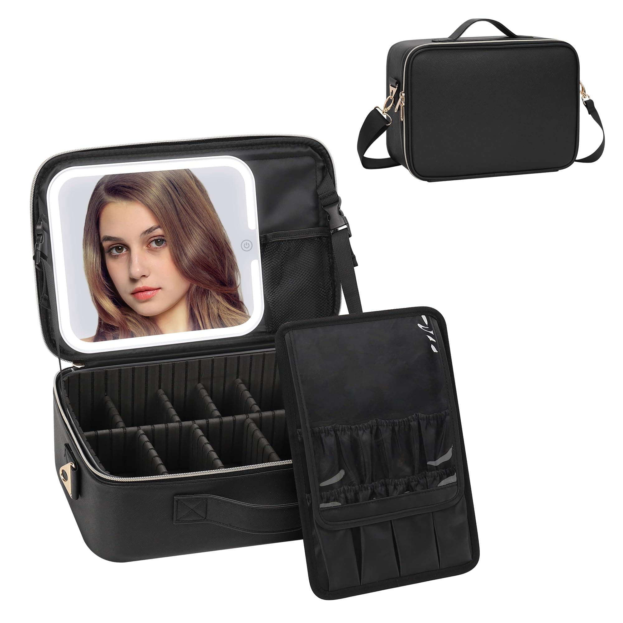 MONSTINA Makeup Bag with LED Mirror,Makeup Case with Lighted Mirror Professional Makeup Artist Organizer Travel Bag with Adjustable Dividers,3 Light Brightness,Black