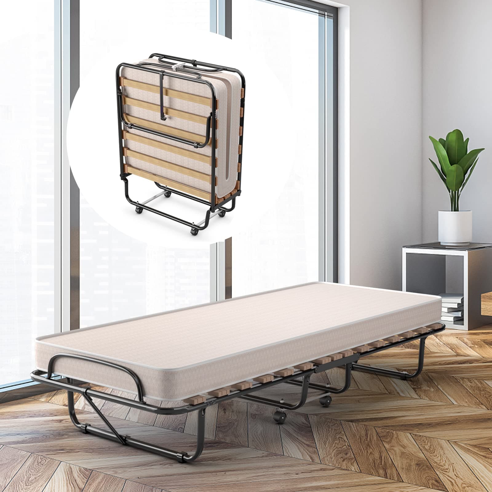 COSTWAY 80 x 190 cm Folding Guest Bed with Memory Foam Mattress, Folding Bed with Sturdy Steel Frame, Maximum Load 120 kg, Metal Bed on Wheels, for Camping Guest Room