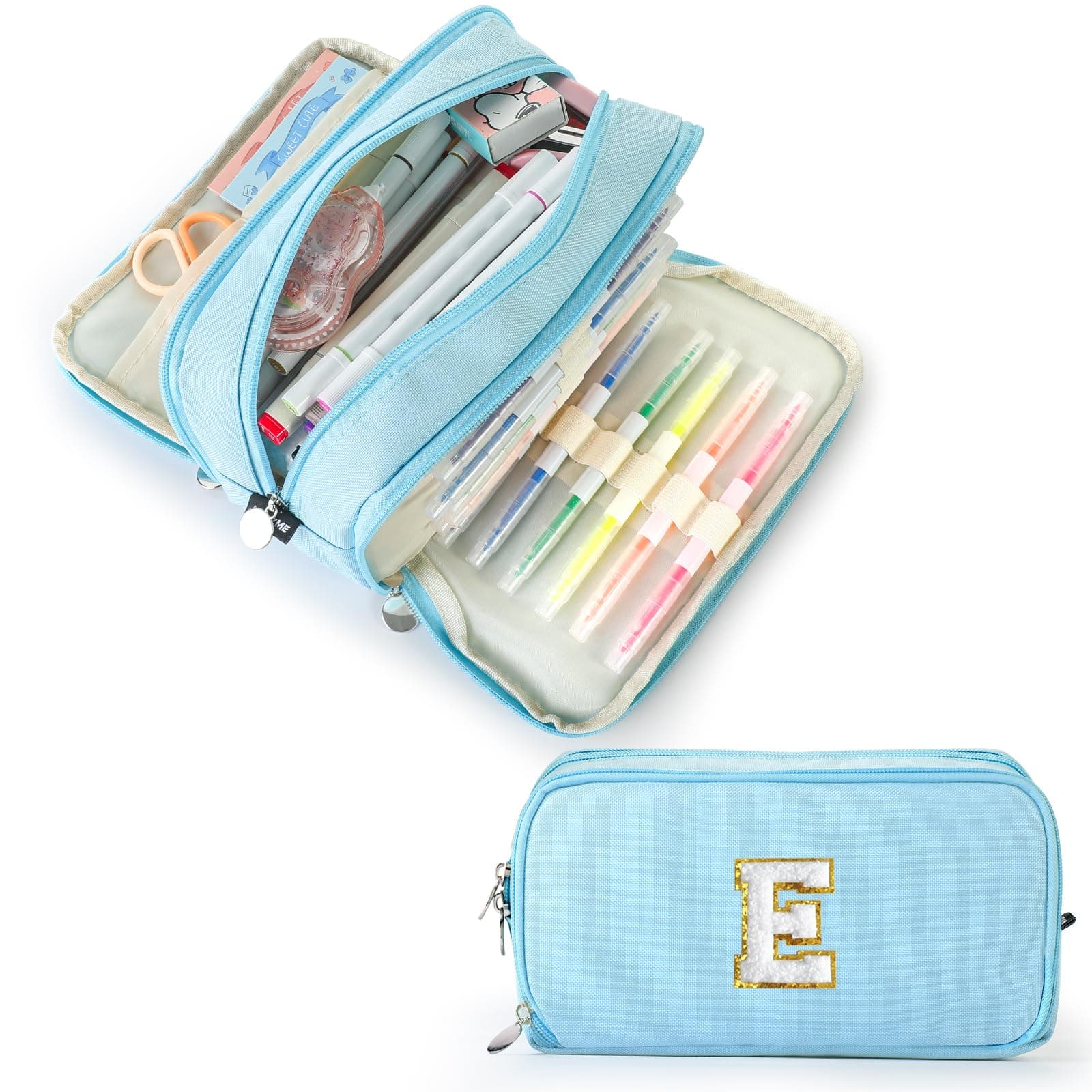 Extra Large Capacity Pencil Case 3 Compartment Initial Pencil Pouch Personalized Cute Aesthetic Stationery Pen Case Bag for School Teen Girl Boy Men Women Gift (E, Blue)