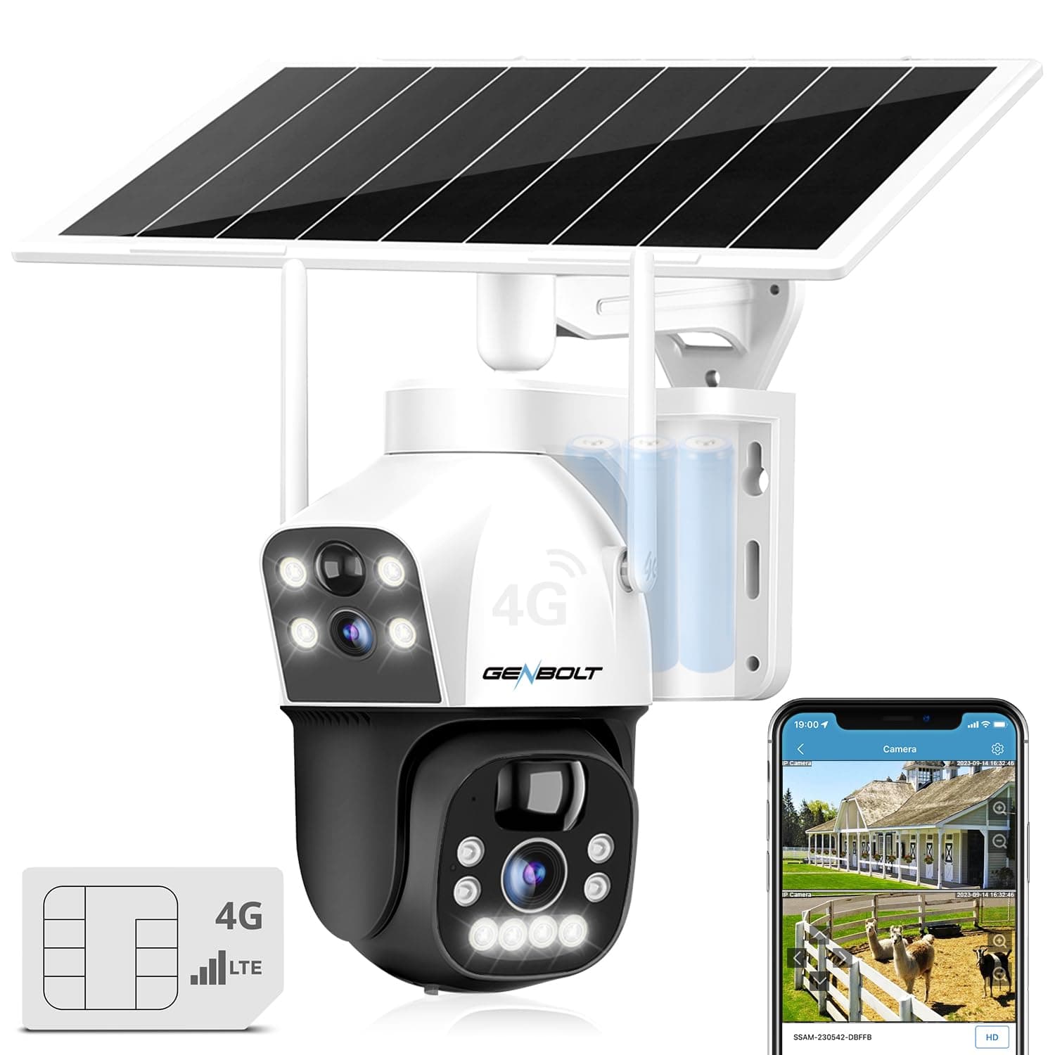 GENBOLT 3G/4G LTE Cellular Solar Security Camera Outdoor Wireless, 8W 15600mAh Battery Operated Surveillance IP Camera No WiFi, Dual Lens Spotlight CCTV System with SIM Card
