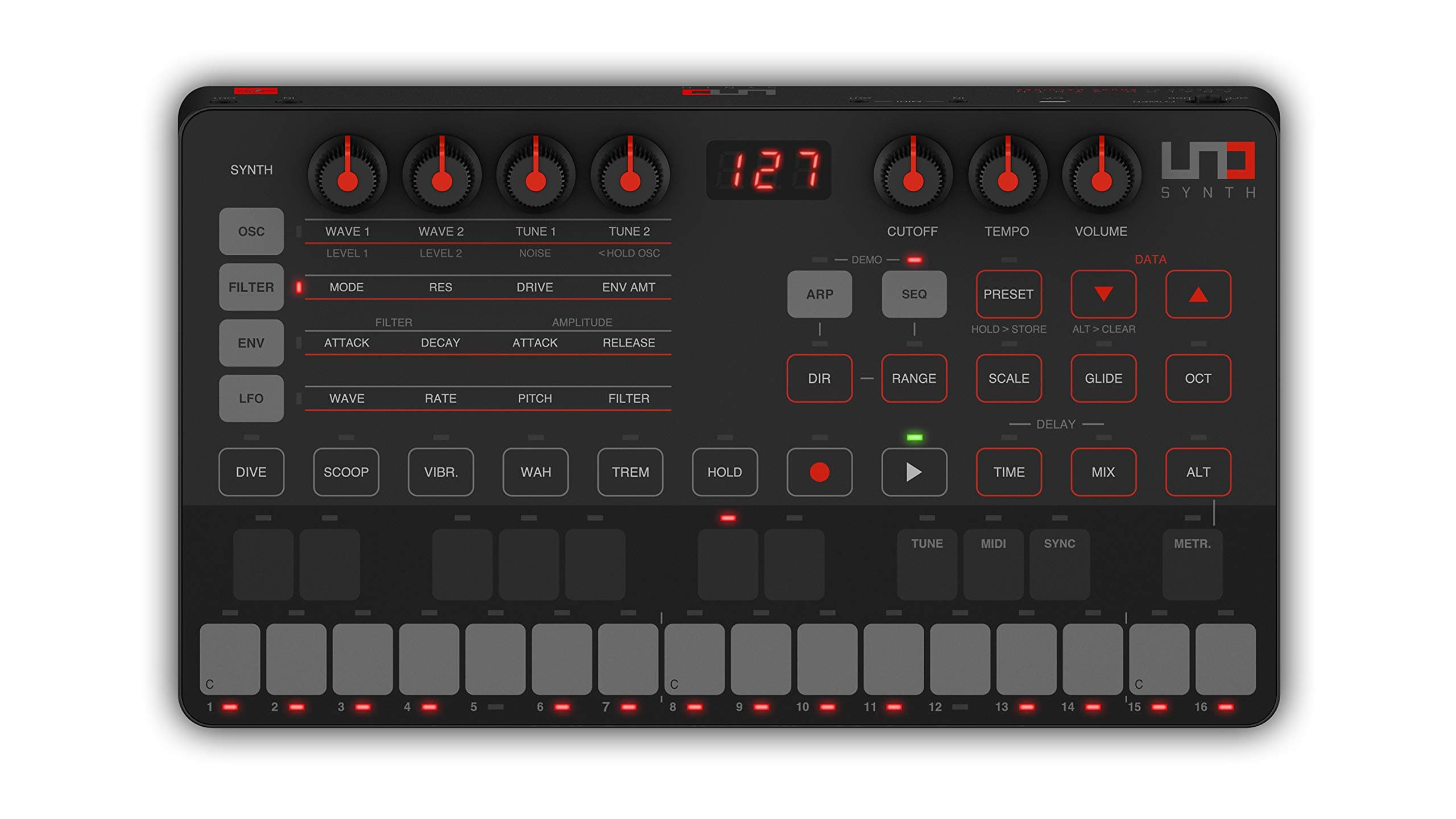 IK Multimedia UNO Synth portable monophonic real analog synthesizer with sequencer, arpeggiator, battery operation, full MIDI/USB control and Mac/PC/iPad editor software
