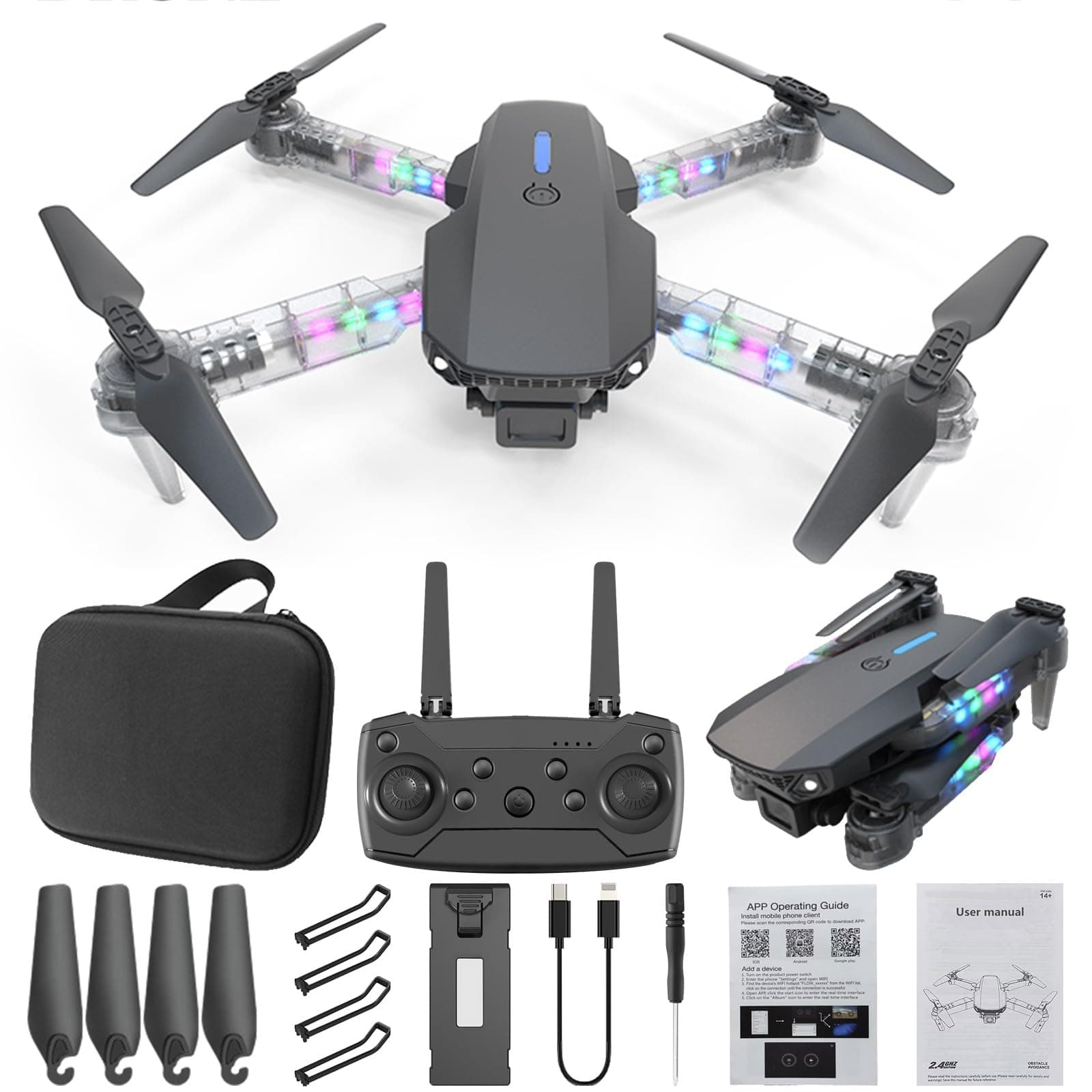 Drones with Camera for Adults 1080P, WiFi FPV Drone, Mini Drone with Transparent LED Folded Arms, 3 Flight Modes, Altitude Hold, Headless Mode, Drones for Adults (Black)